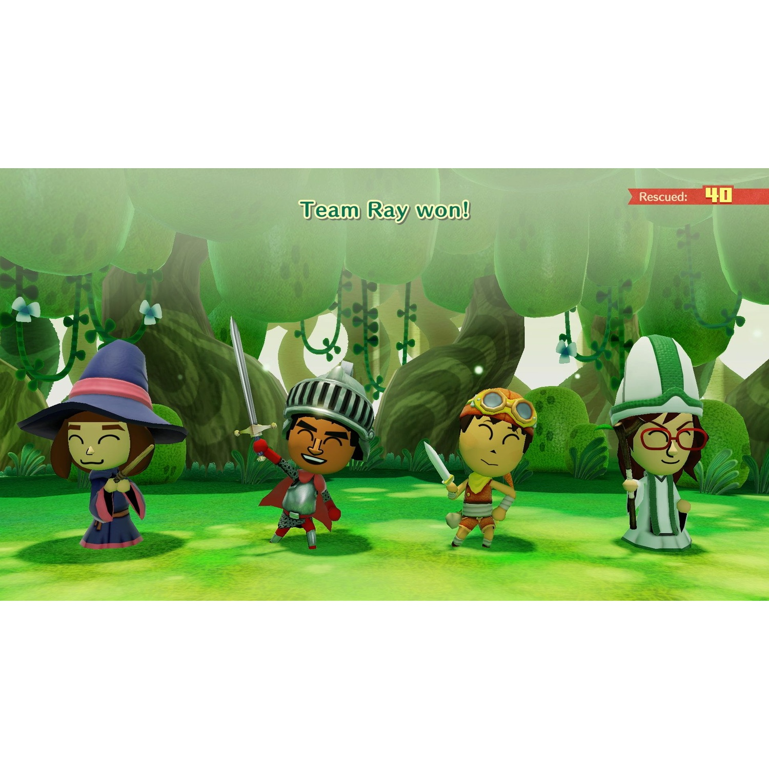 Four Mii characters in a forest setting. A knight holds a sword aloft.
