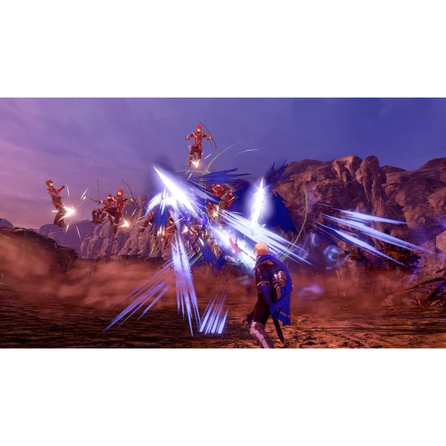 Warriors with swords and bows fight under a purple sky.