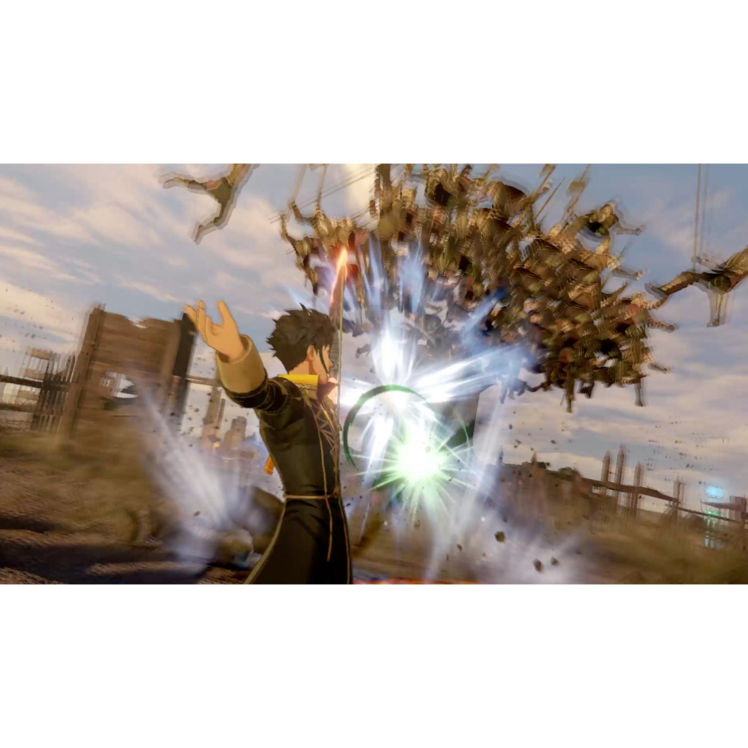 A man in black with a yellow scarf battles a horde of soldiers.