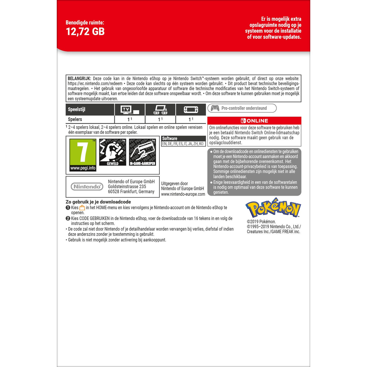 Nintendo Switch game info: storage, play modes, age rating, and download instructions.