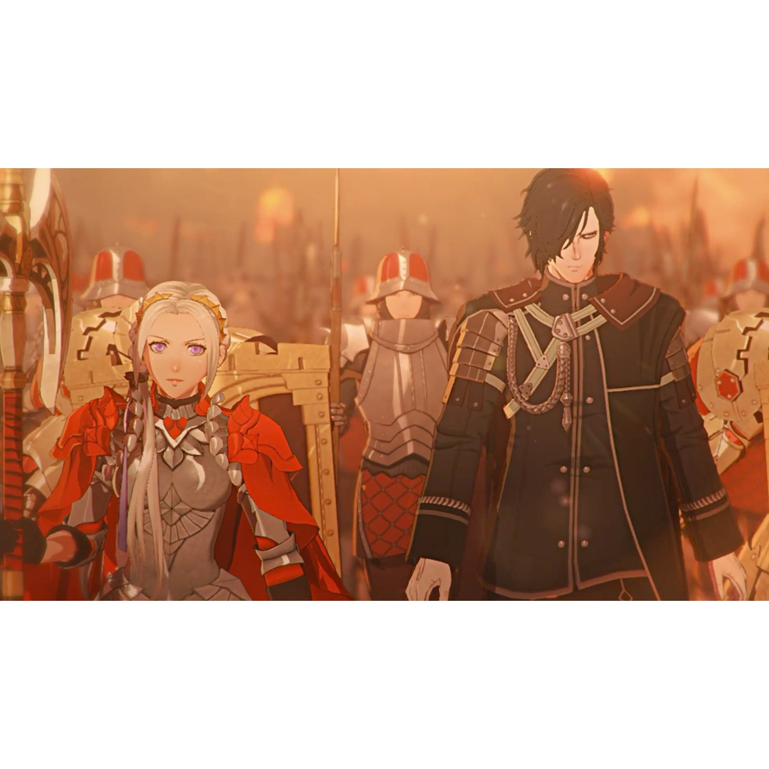 Two armored characters stand before an army at sunset.