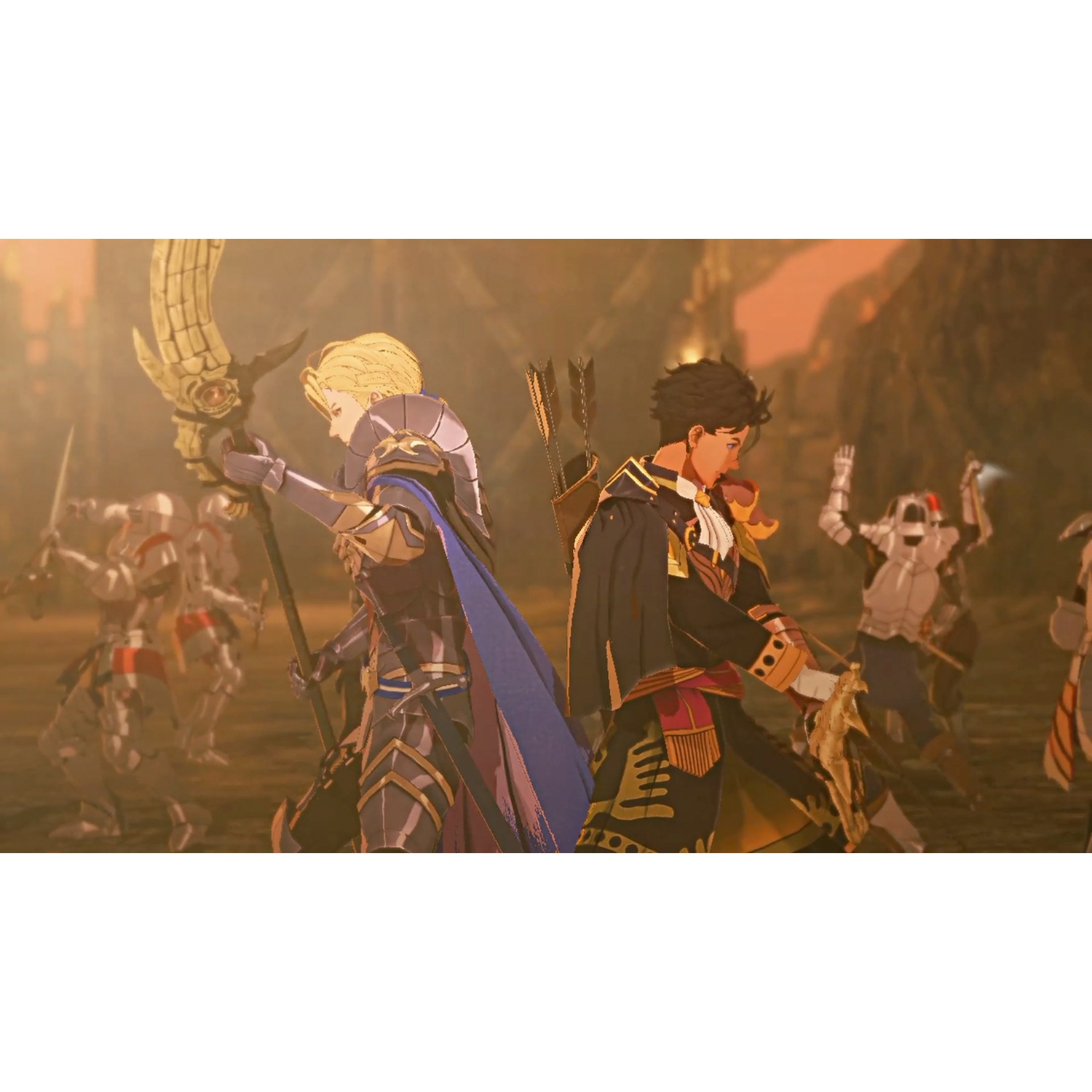Two armored warriors with weapons stand in battle, surrounded by soldiers.