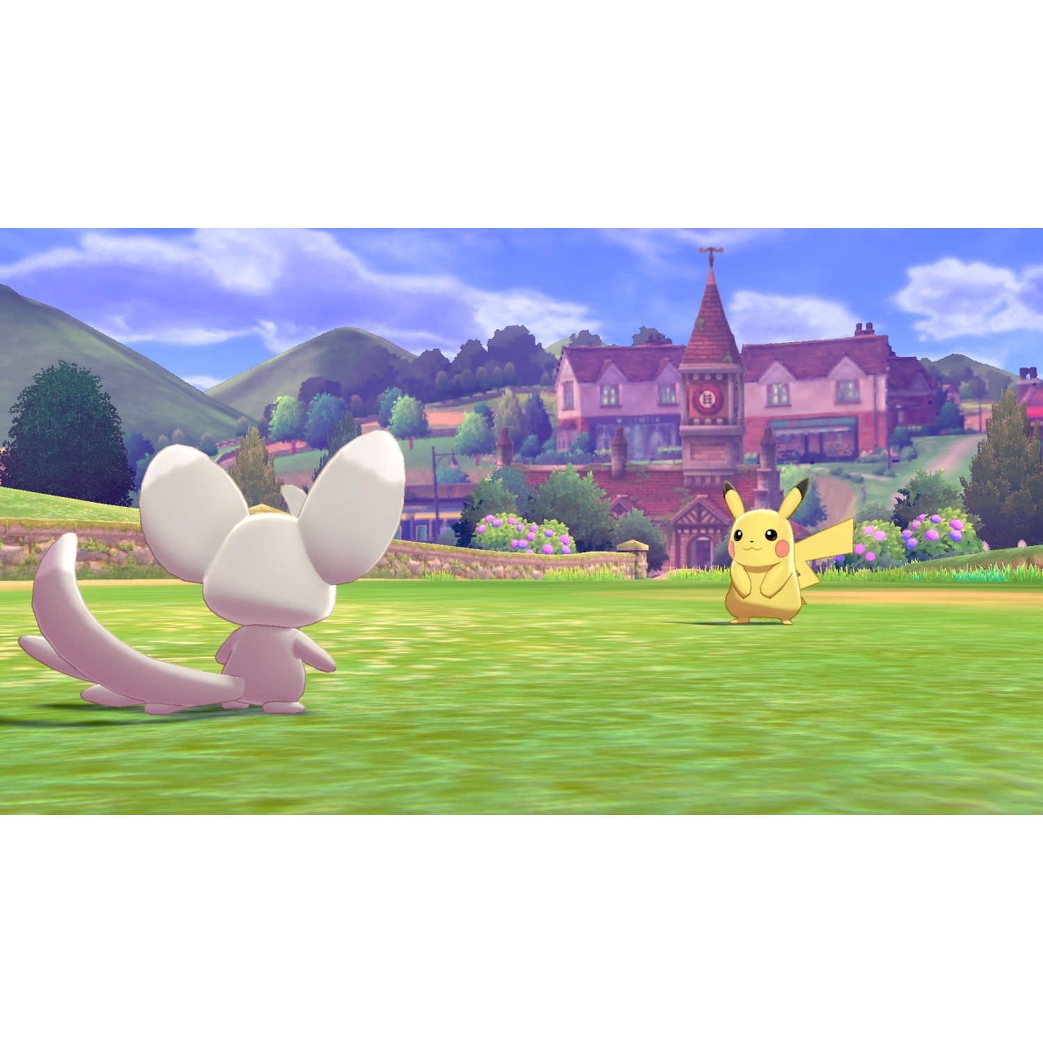 A white Pokémon character with large ears stands left, Pikachu right on a green field.