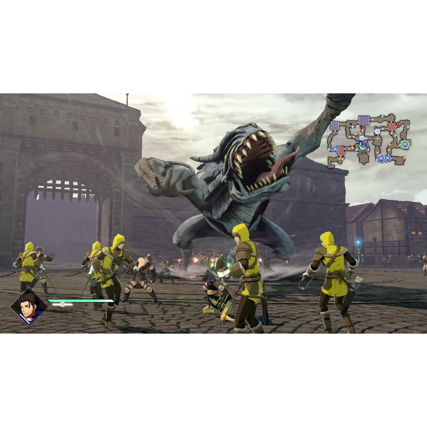 A monster creature attacks a group of archers in yellow hoods.