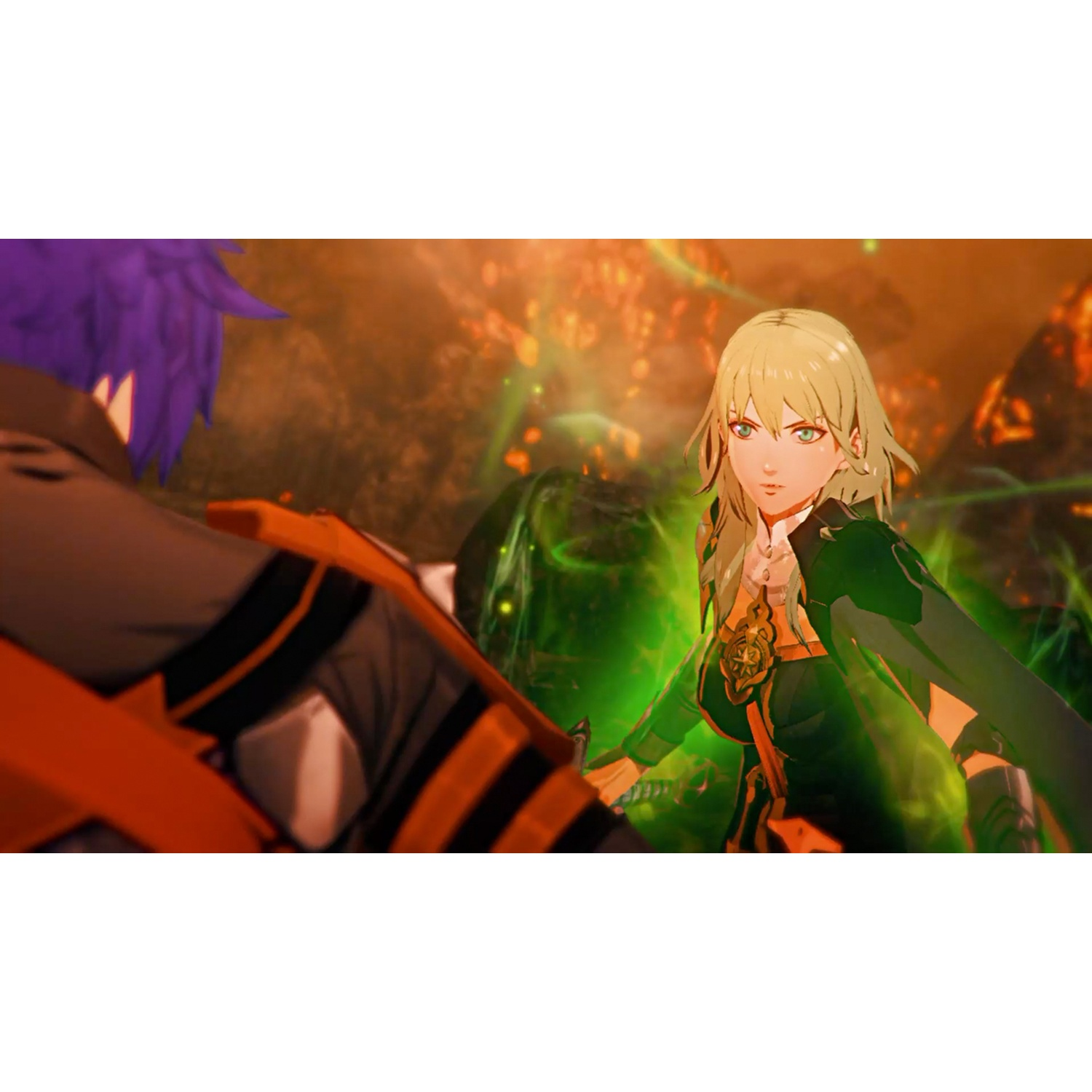 Two characters face off in battle, surrounded by green and orange magical effects.