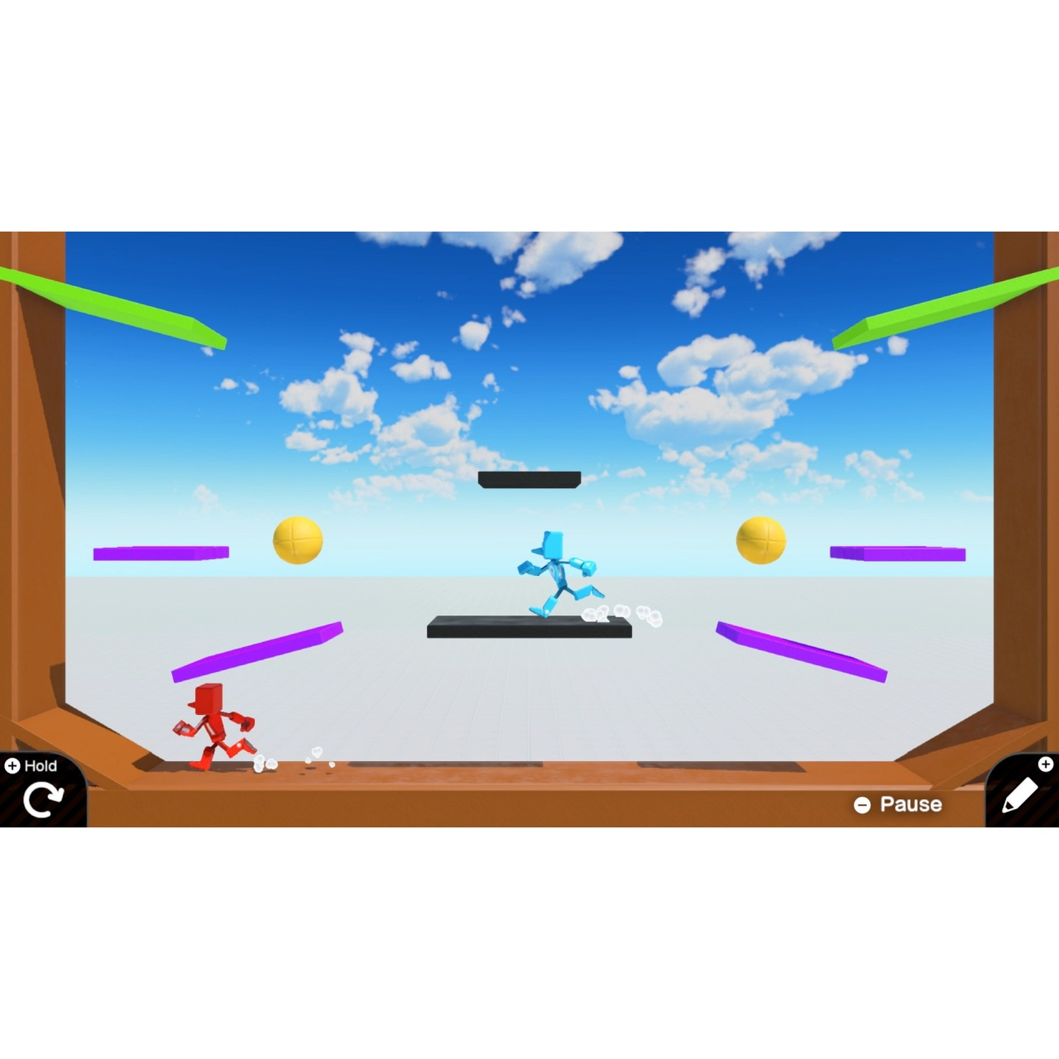 A blue figure runs on a platform, a red figure on the ground. Yellow balls float.
