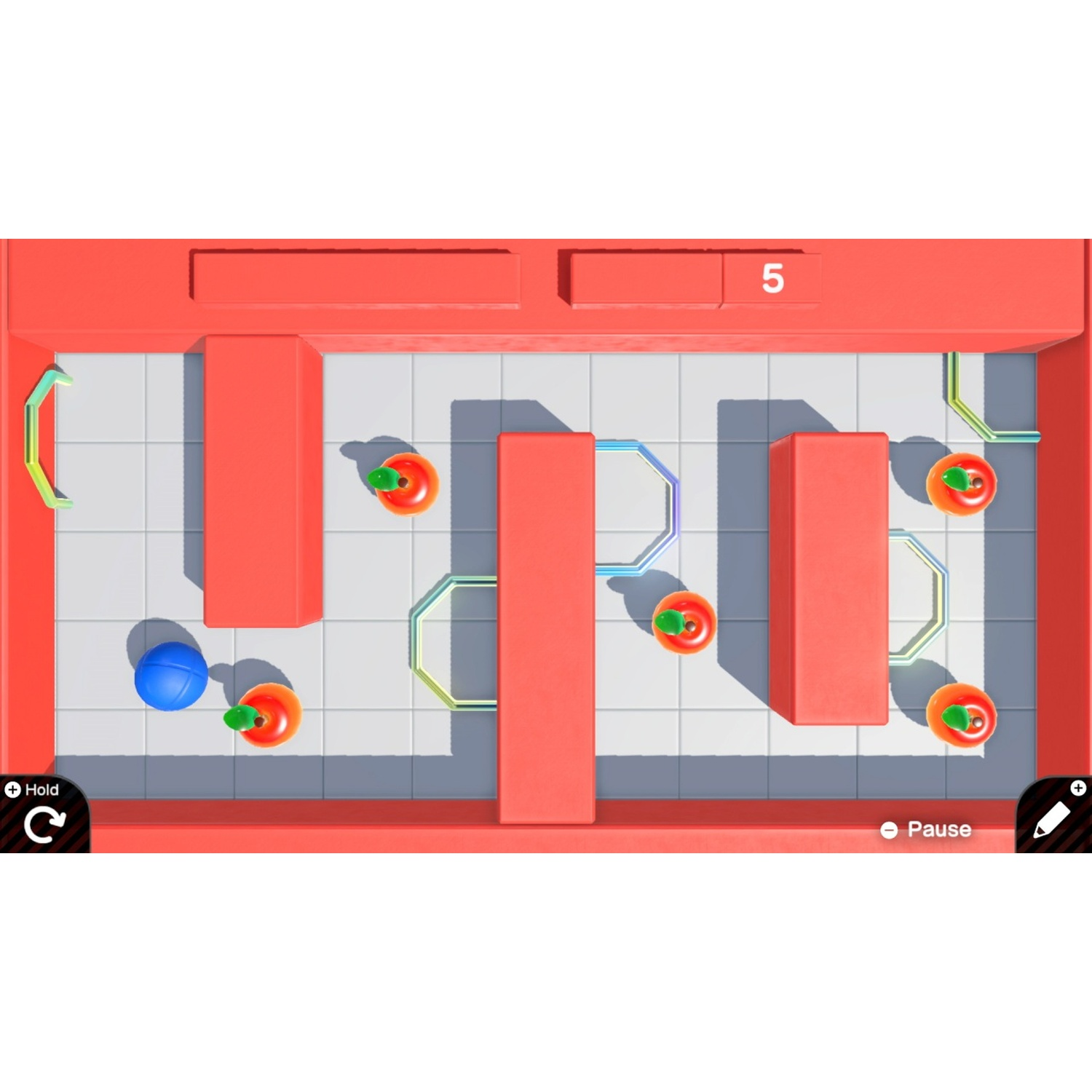A blue and multiple red apples in a maze on a grid floor.