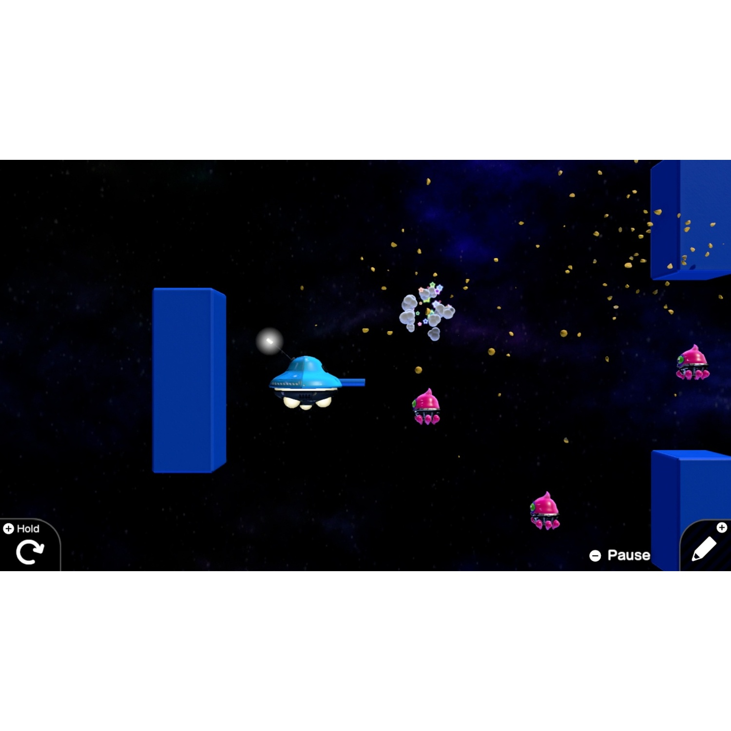 A blue UFO flies through space, surrounded by pink creatures and blue blocks.