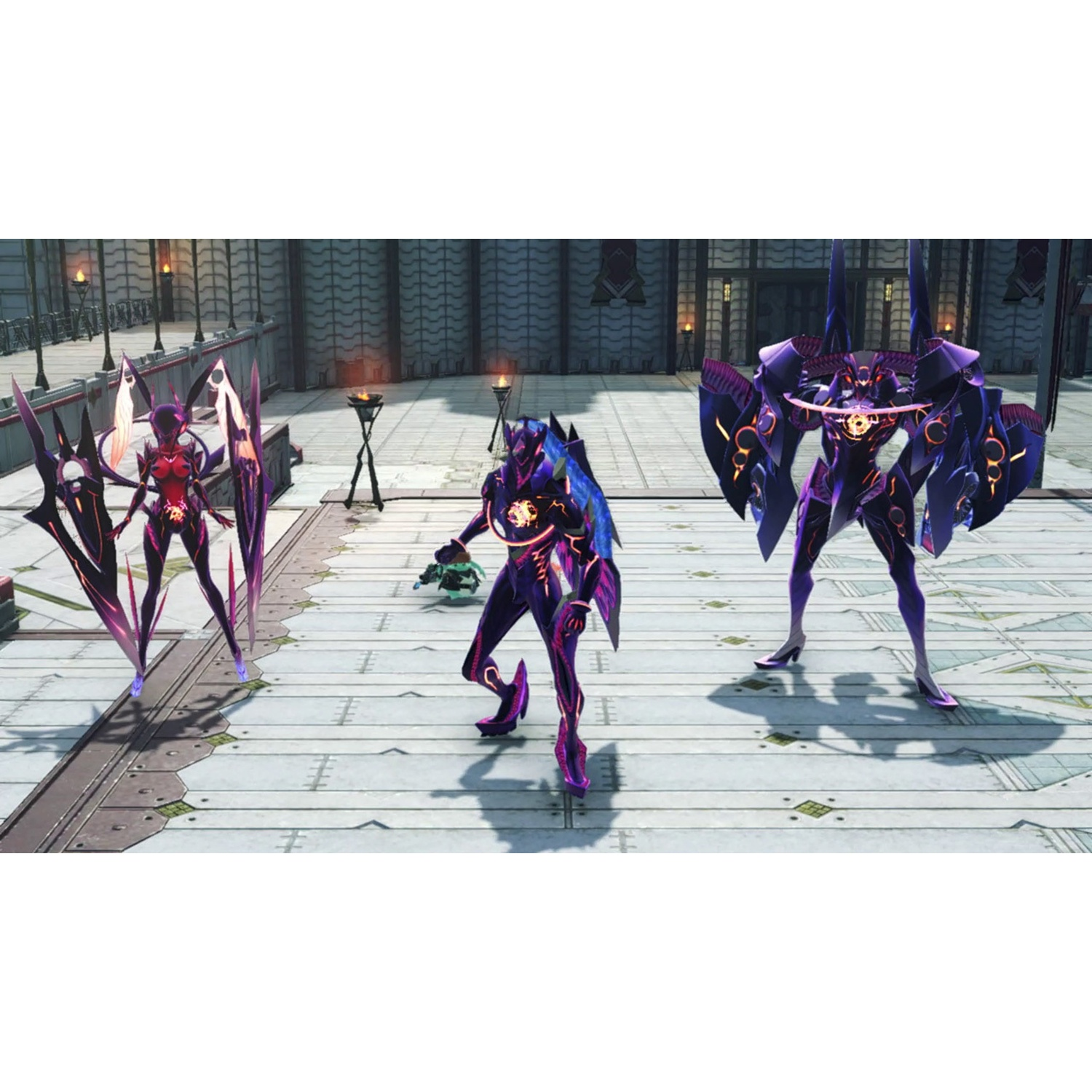 Three figures in purple armor stand on a metallic platform with torches.