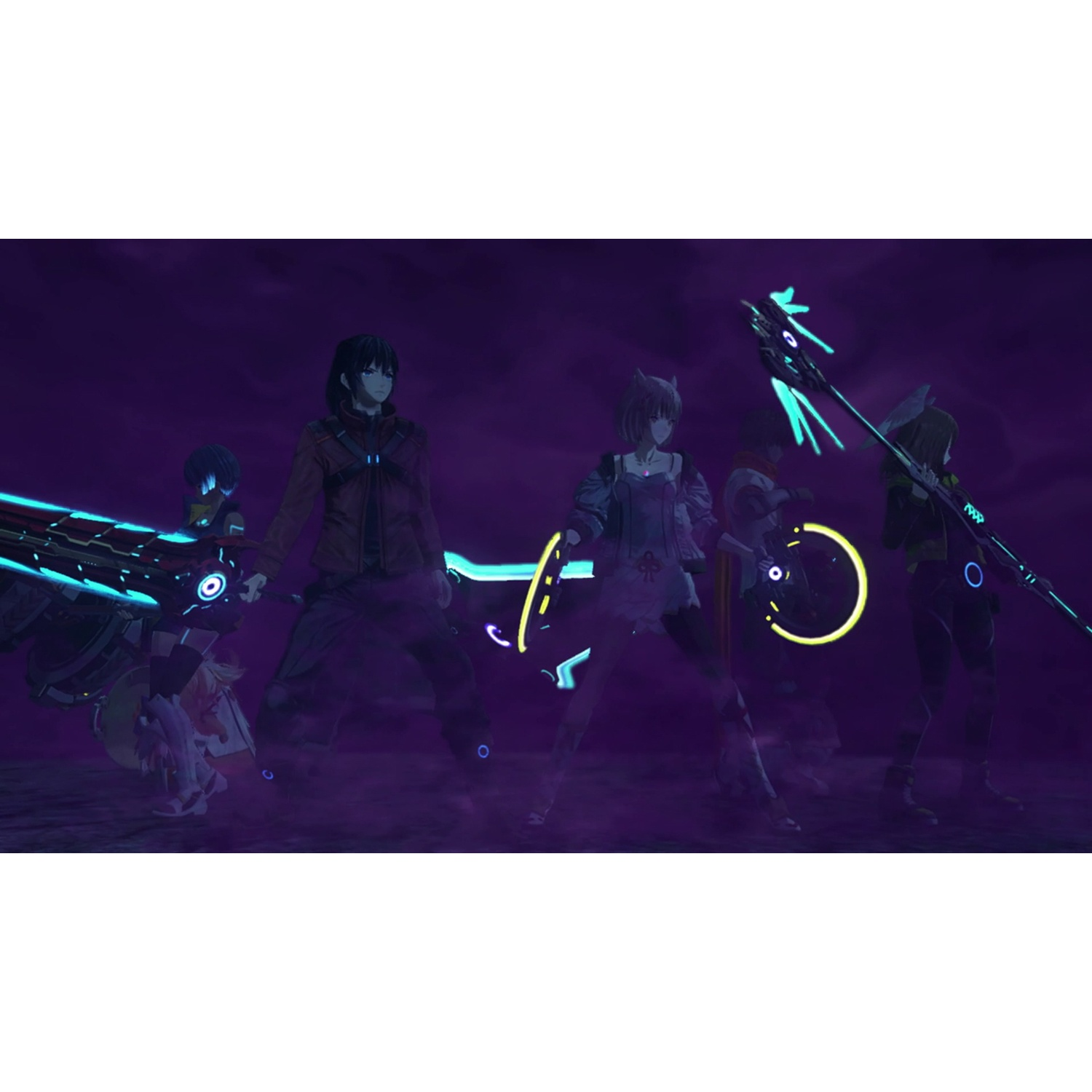 Five anime characters stand in purple fog, some holding glowing weapons.