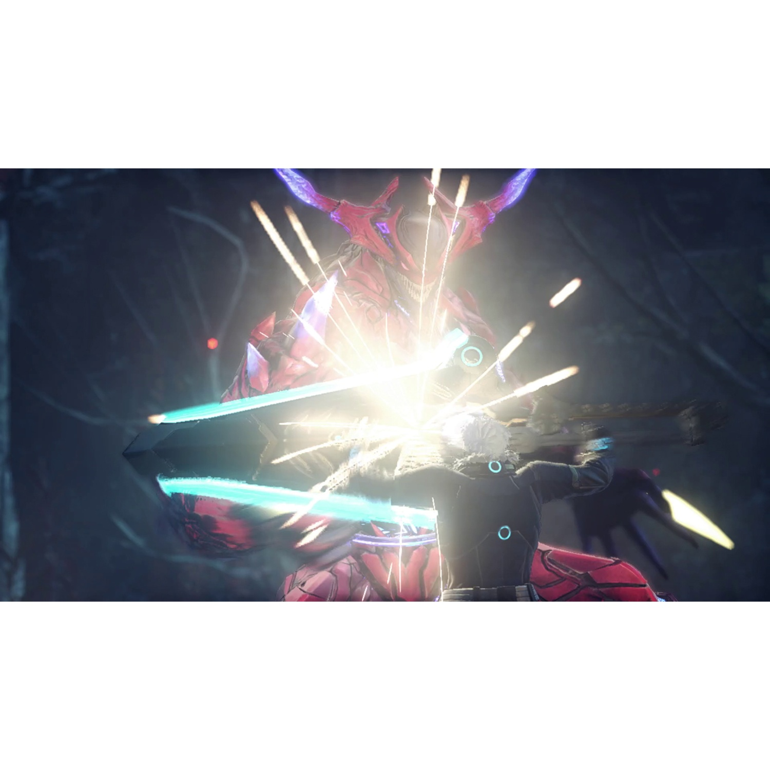 A man battles a red demon with glowing blades.