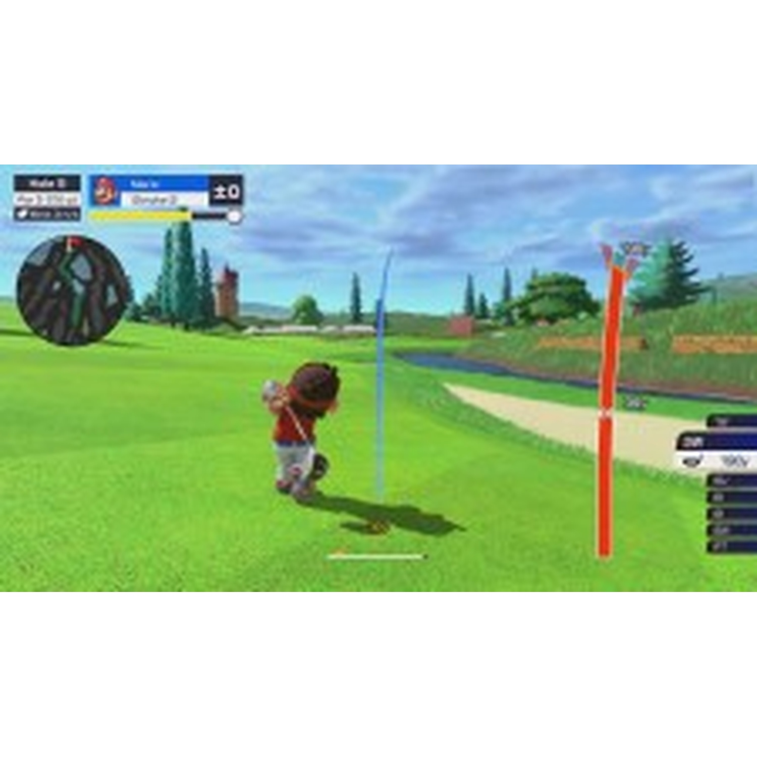 A cartoon golfer swings a club on a green grass field. Sky is blue with clouds.