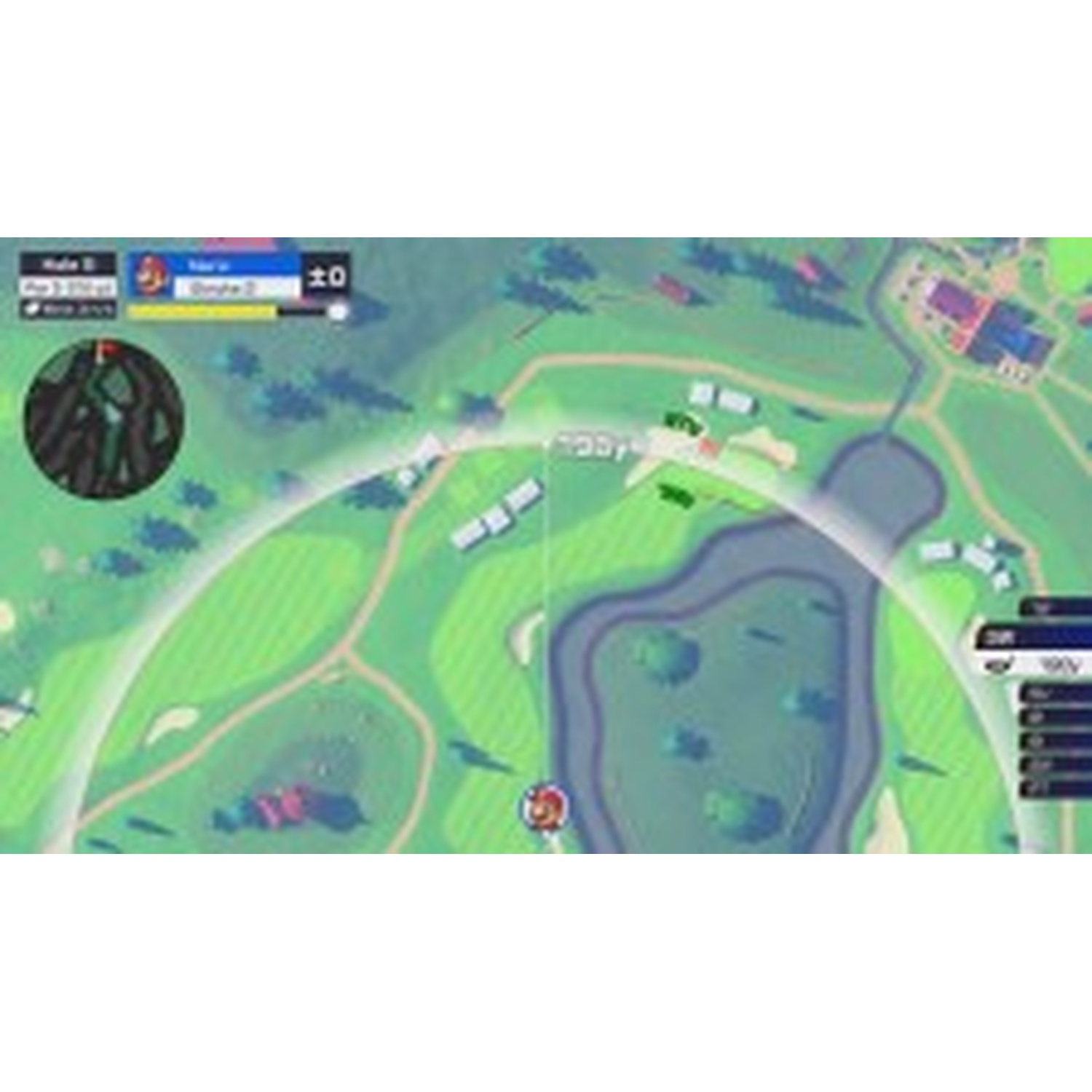 A video game golf course map showing greens, water, and buildings.