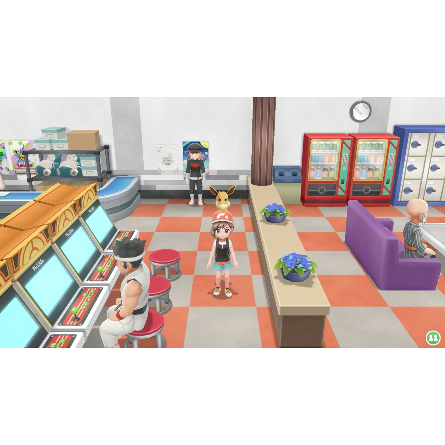A boy plays a video game machine while a girl with Eevee stands nearby.