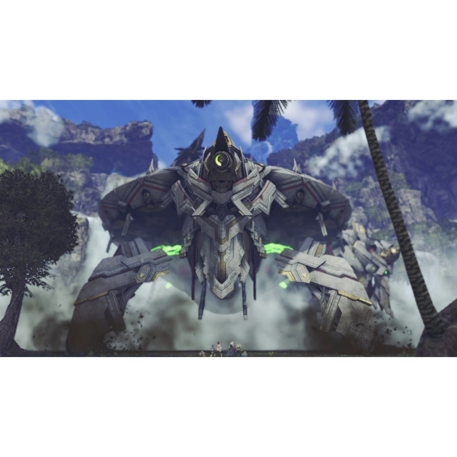 A giant mech stands in a smoky landscape, with trees and waterfalls in the background.
