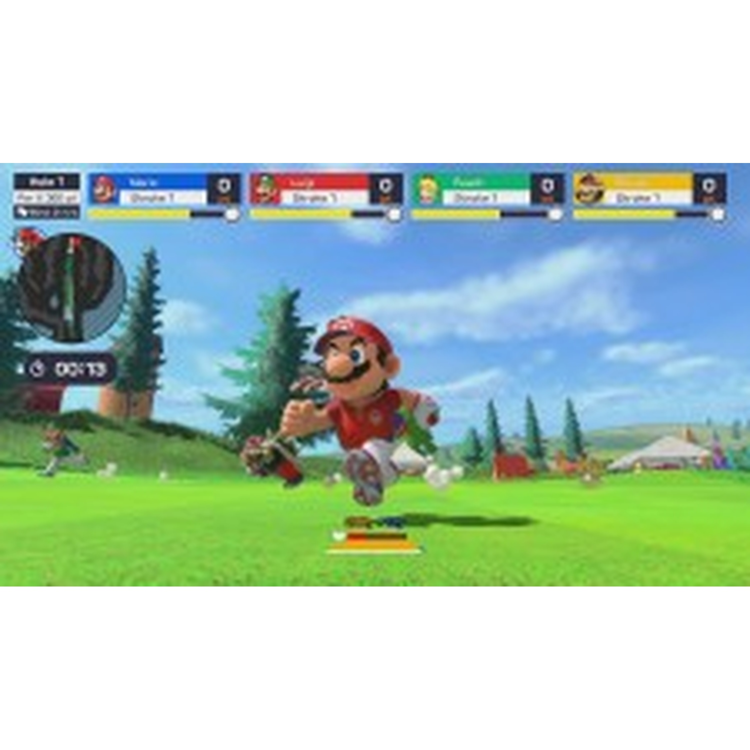 Mario runs on a golf course, holding a club, with player names above him.