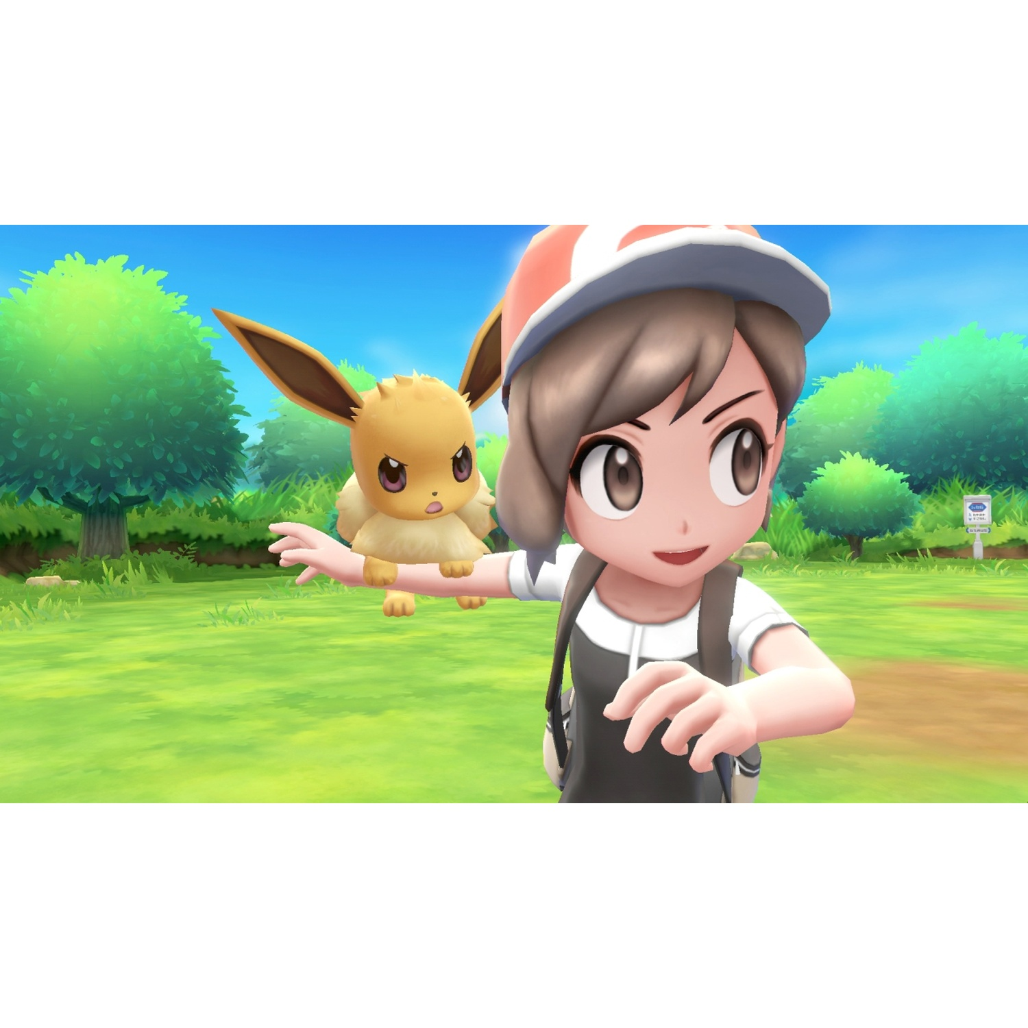 A girl in a hat and Eevee stand in a sunny, green field with trees.