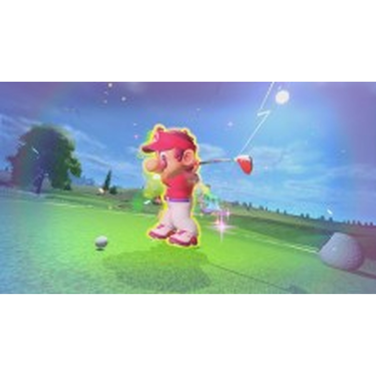 Mario swings a golf club on a green course under a starry blue sky.