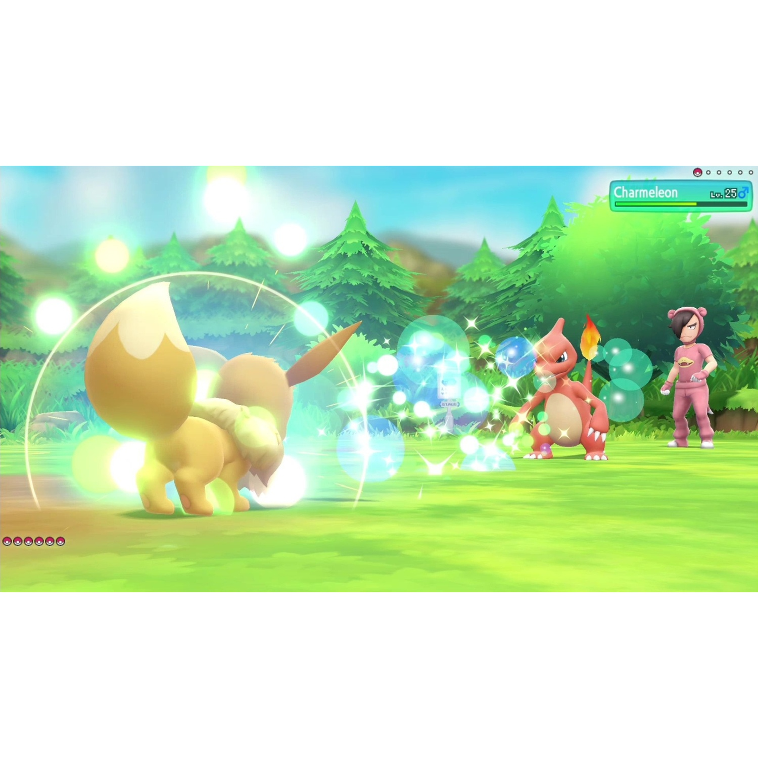A yellow Pokémon character with a tail stands on a green field. An orange Pokémon character with flames stands nearby.