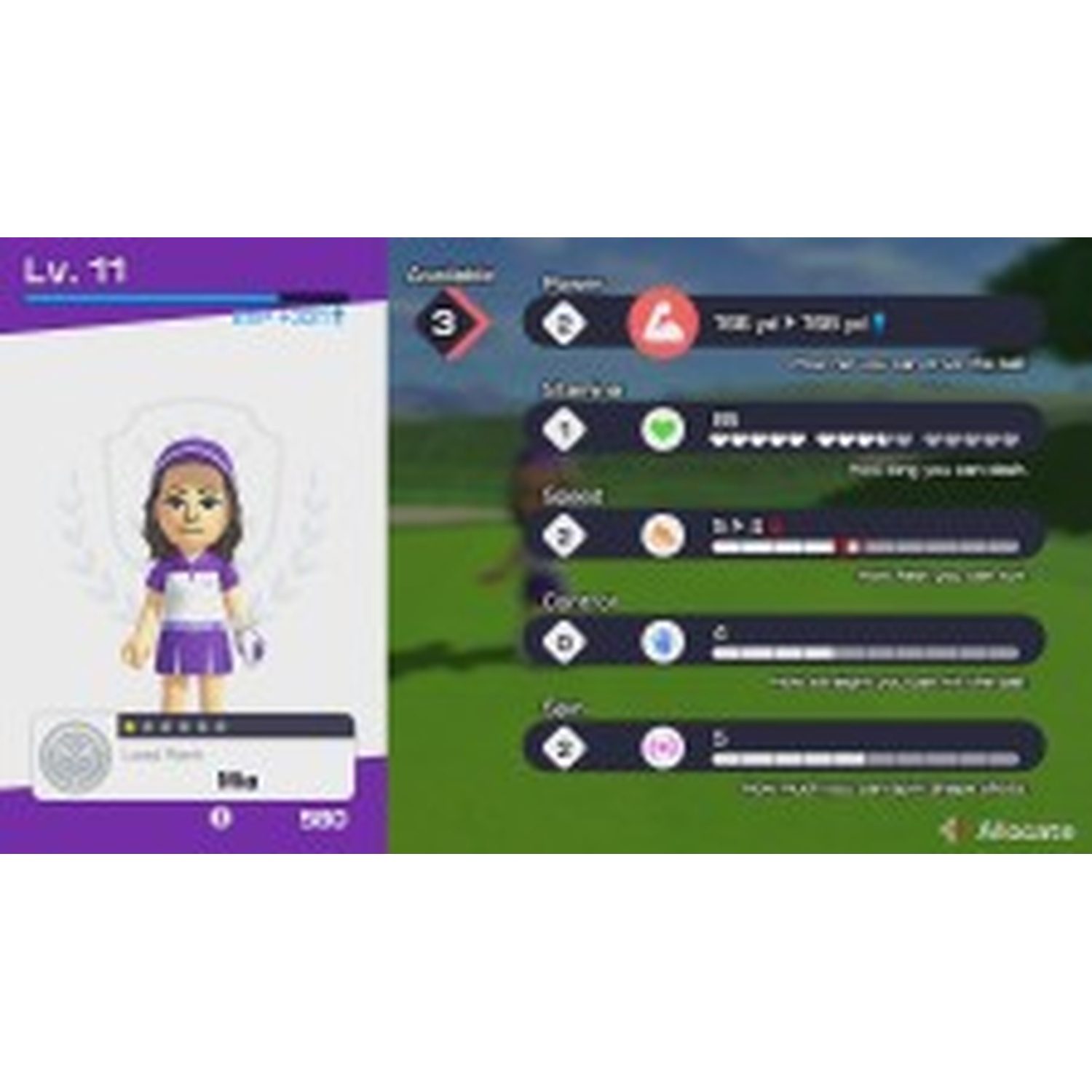A game character at level 11 with stats and a golf course in the background.