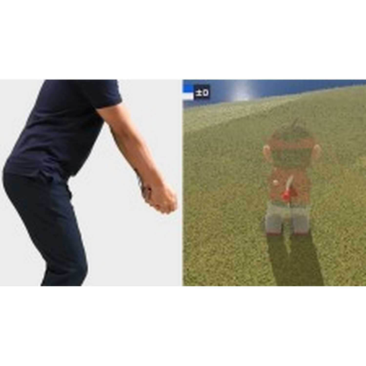 Man in dark blue shirt and pants, hands clasped. Right is cartoon character on grass.