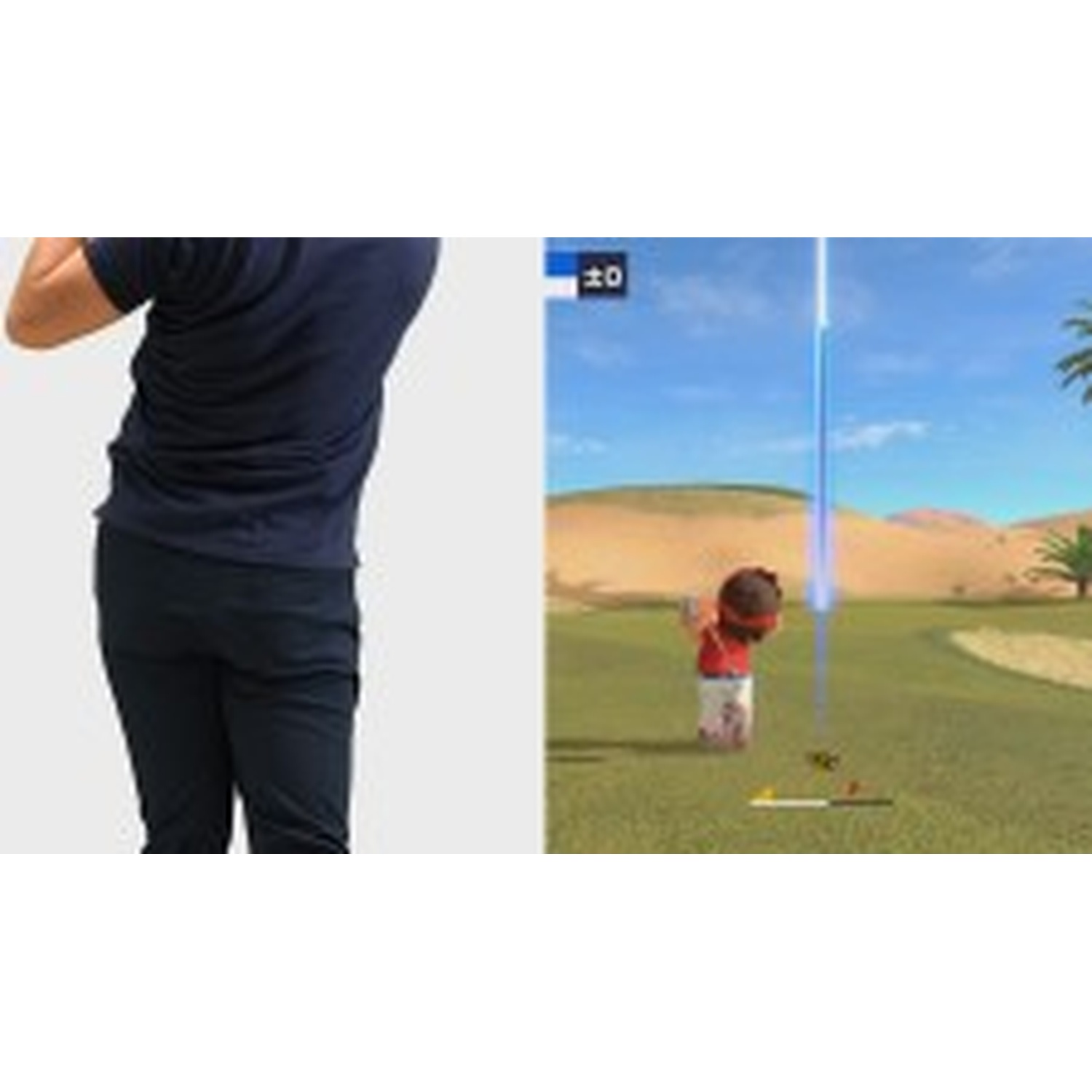 A man in a blue shirt swings a golf club on a green field with sand dunes.