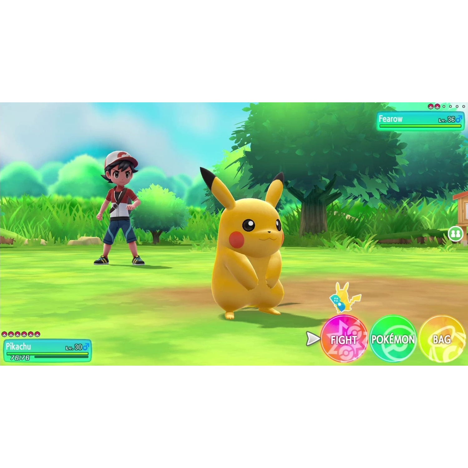 Pikachu and a trainer face each other in a green landscape.