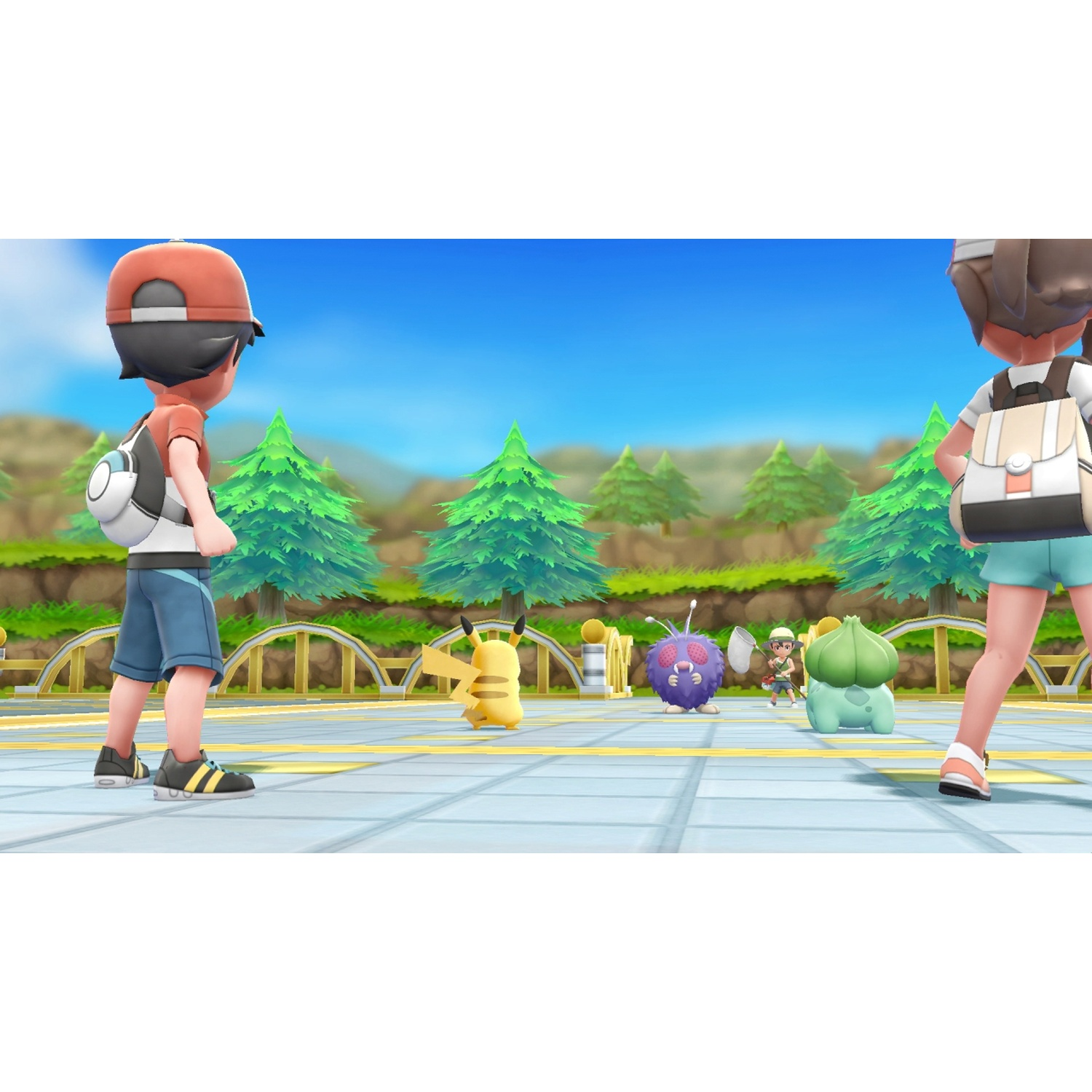 Two characters face each other with Pikachu and other Pokemon.