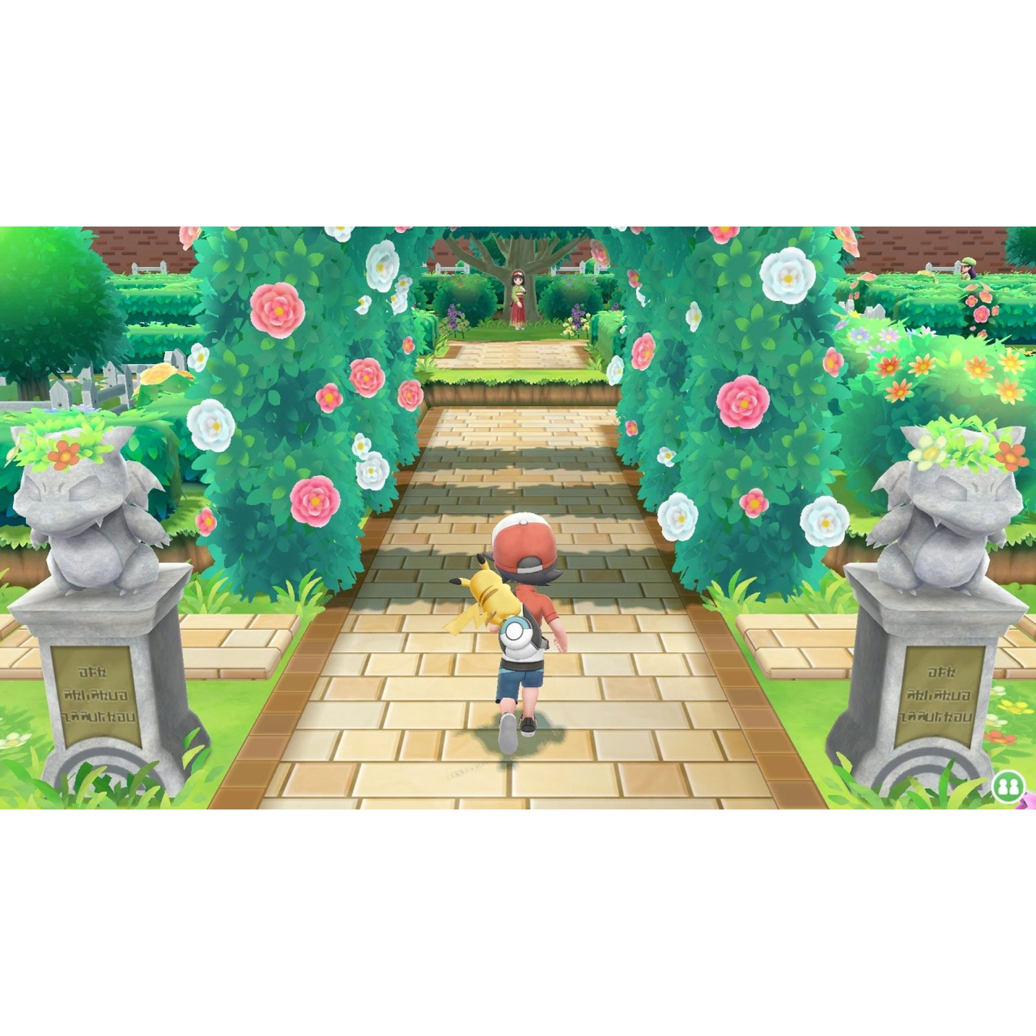 A young trainer runs through a garden with rose bushes and stone statues.