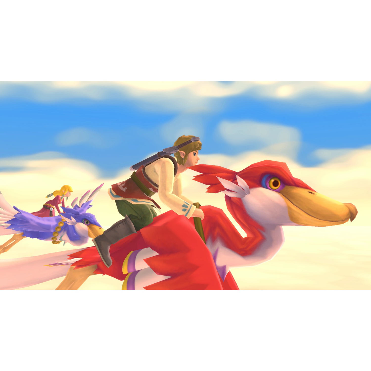 Link rides a red bird, Zelda on a blue bird, flying through the sky.