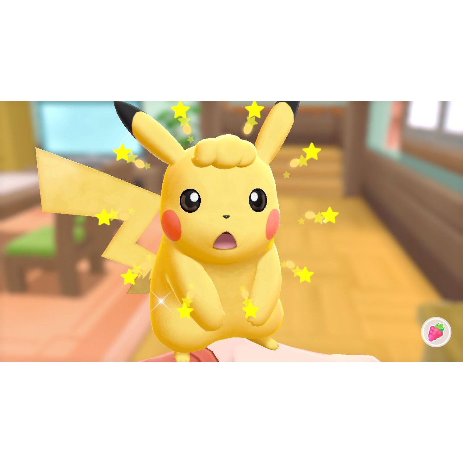 A yellow Pikachu with stars in a bright indoor setting.
