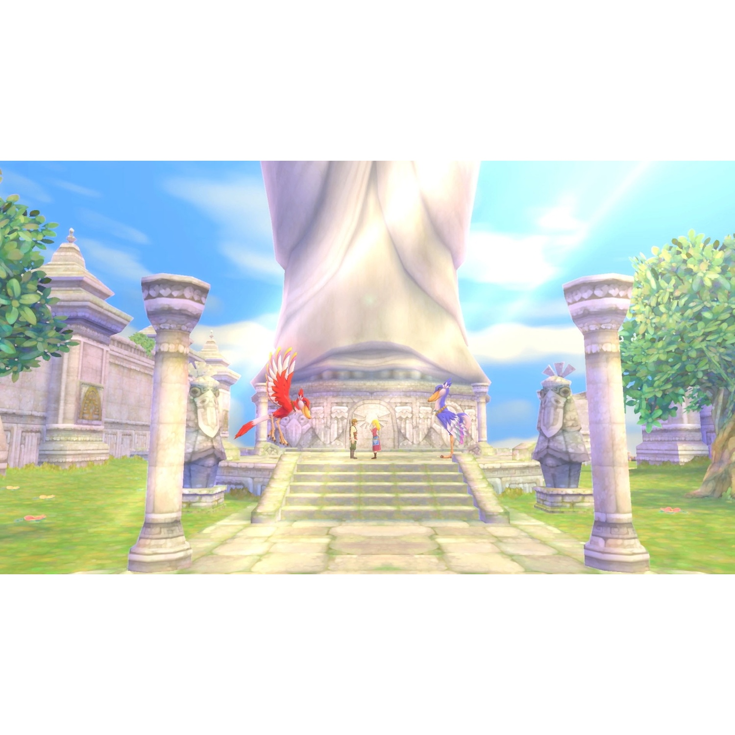 Two figures stand on stone stairs before a giant statue.