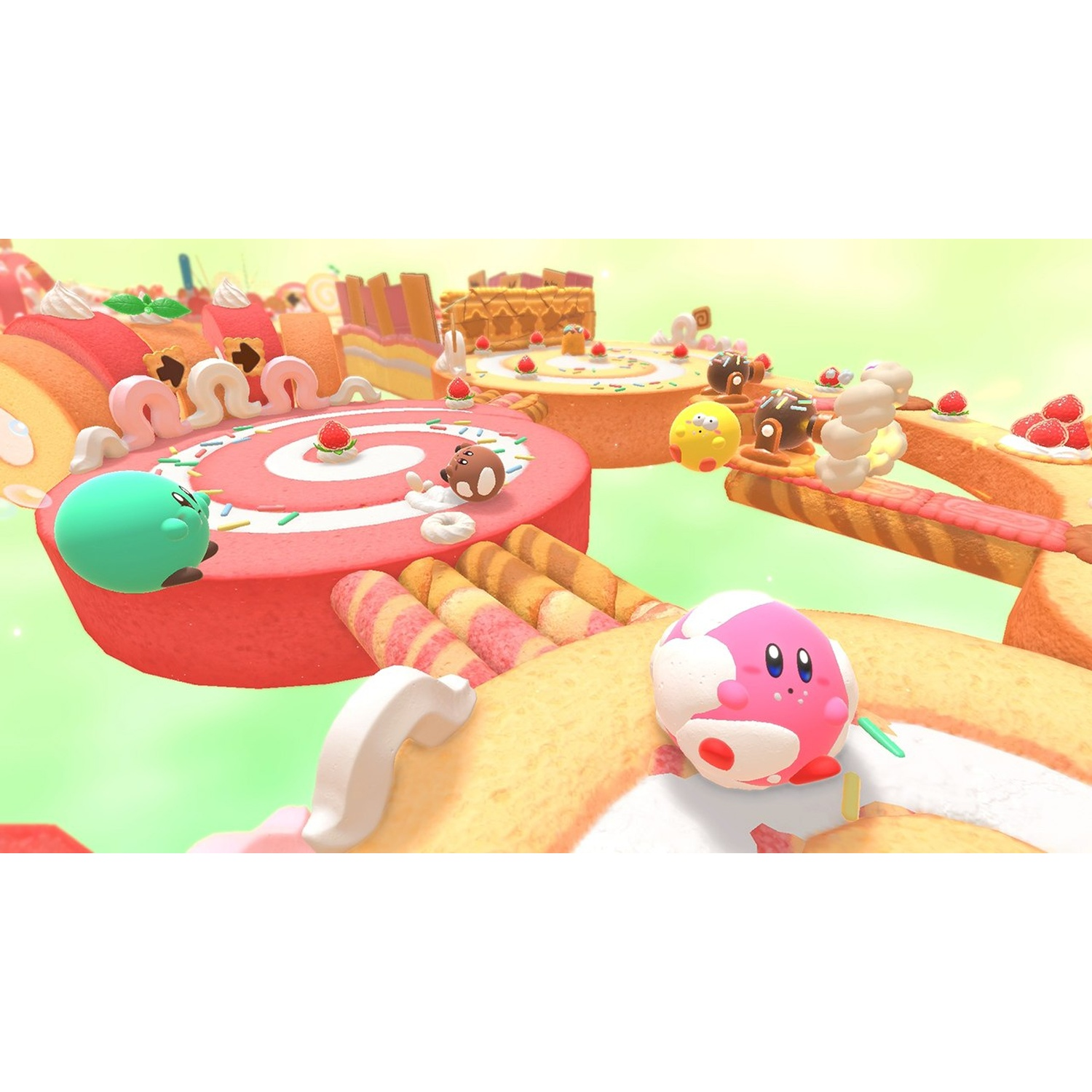 Kirby characters in a candy landscape with cakes and berries.
