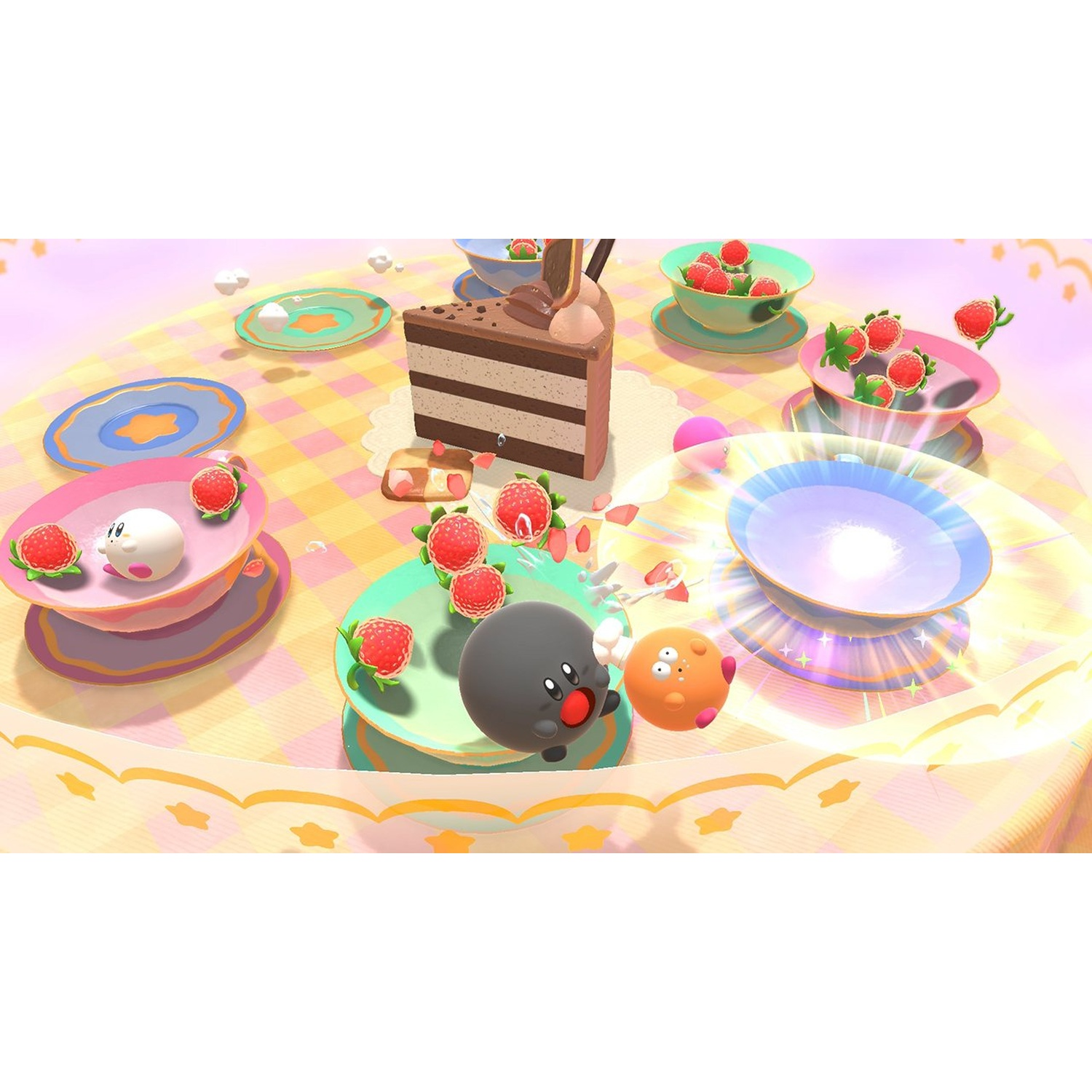 A sweet feast with cake, berries, and Kirby characters on a checkered tablecloth.