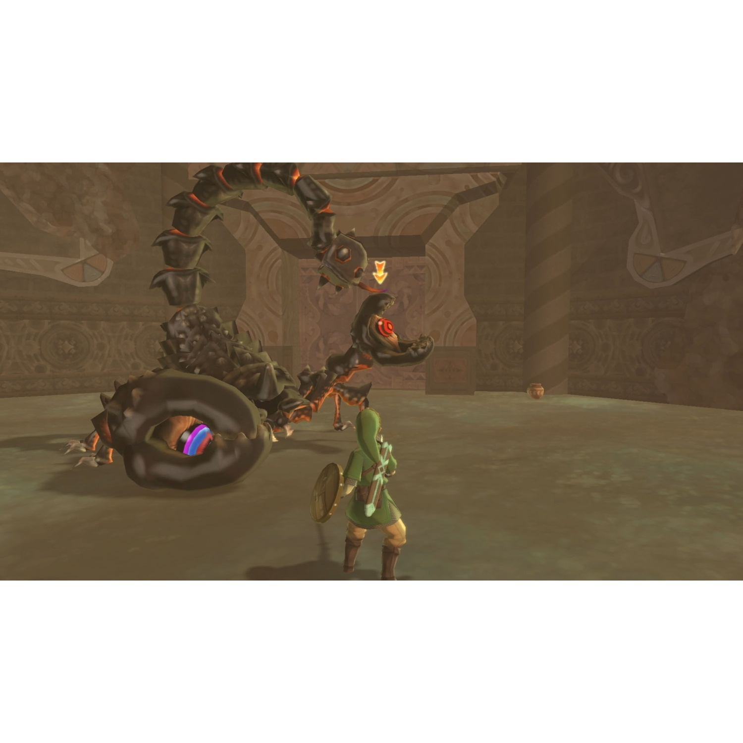 Link faces a giant dark scorpion-like monster with a glowing eye in a stone chamber.
