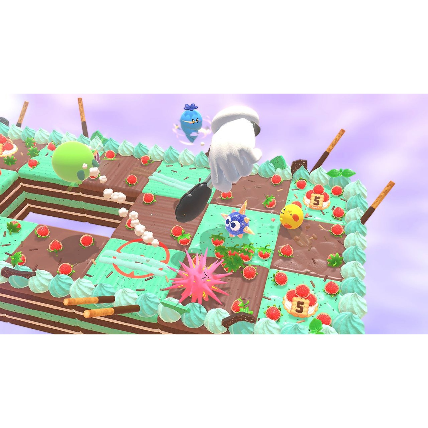 A video game scene with cartoonish characters on a cake landscape.