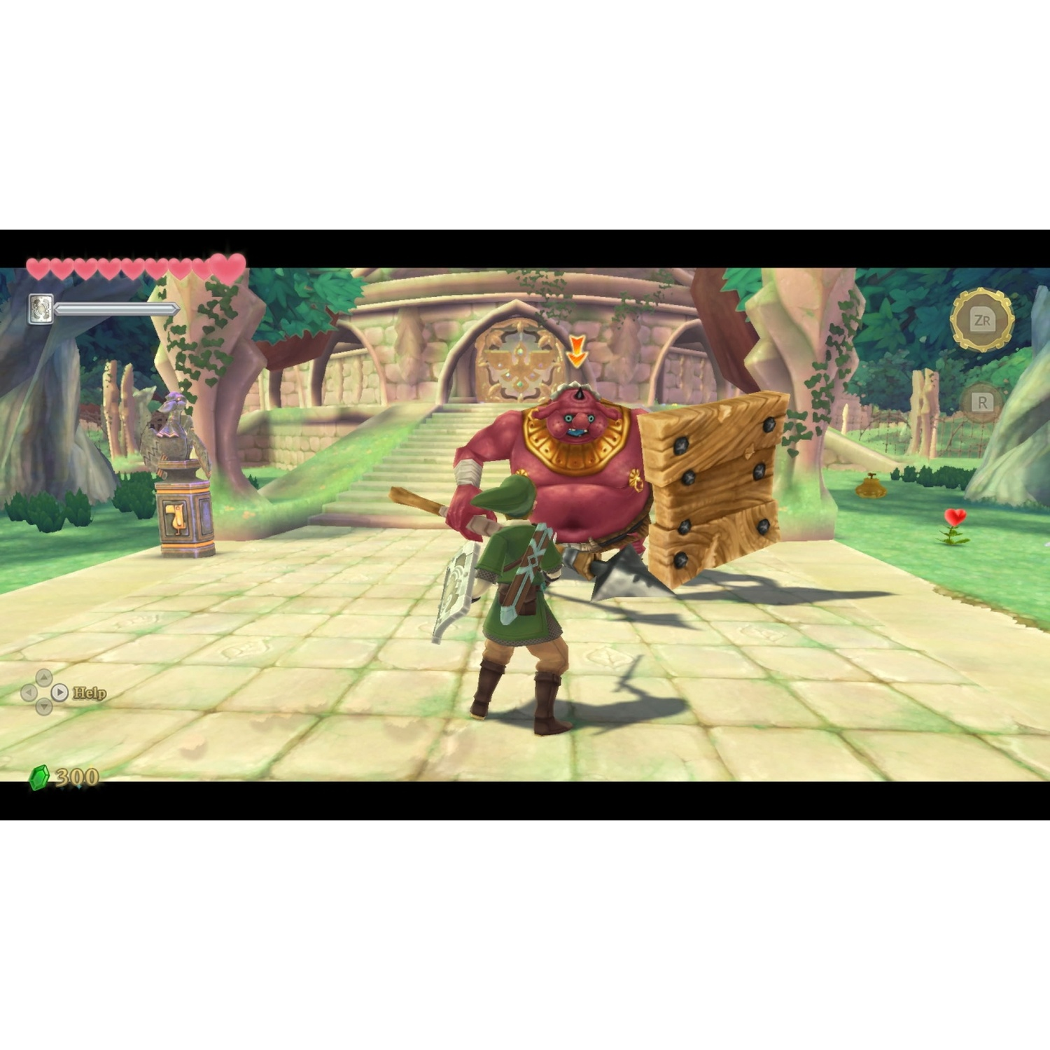 Link battles a red giant with a wooden shield in front of a building.