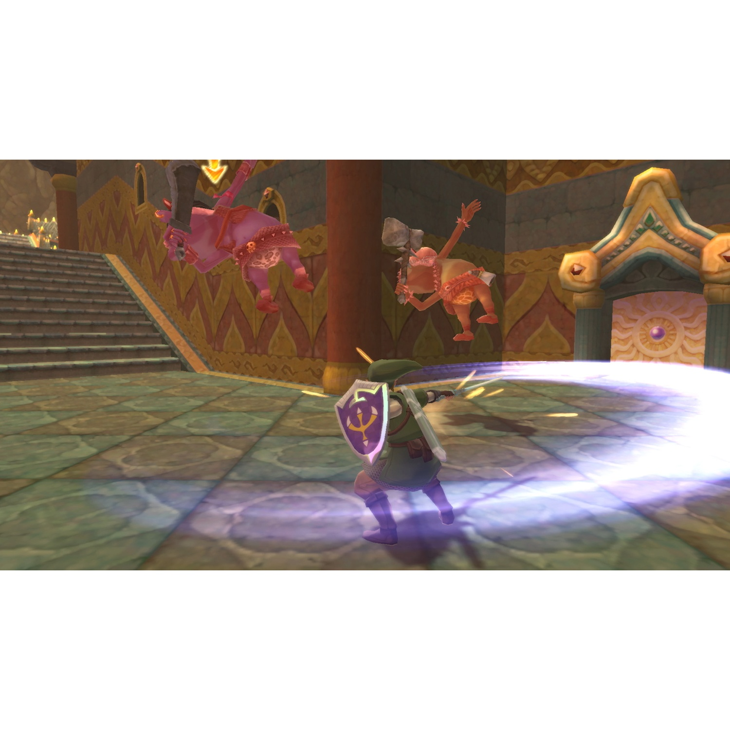 A character in green with shield and sword fights two pink creatures in a palace.
