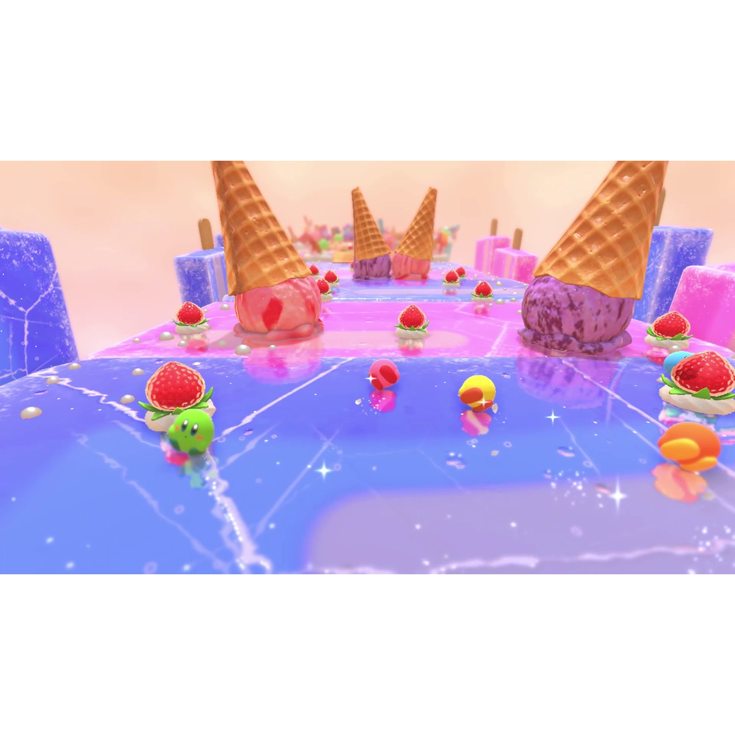A sweet landscape with ice cream cones, berries, and cute characters on a shiny blue surface.