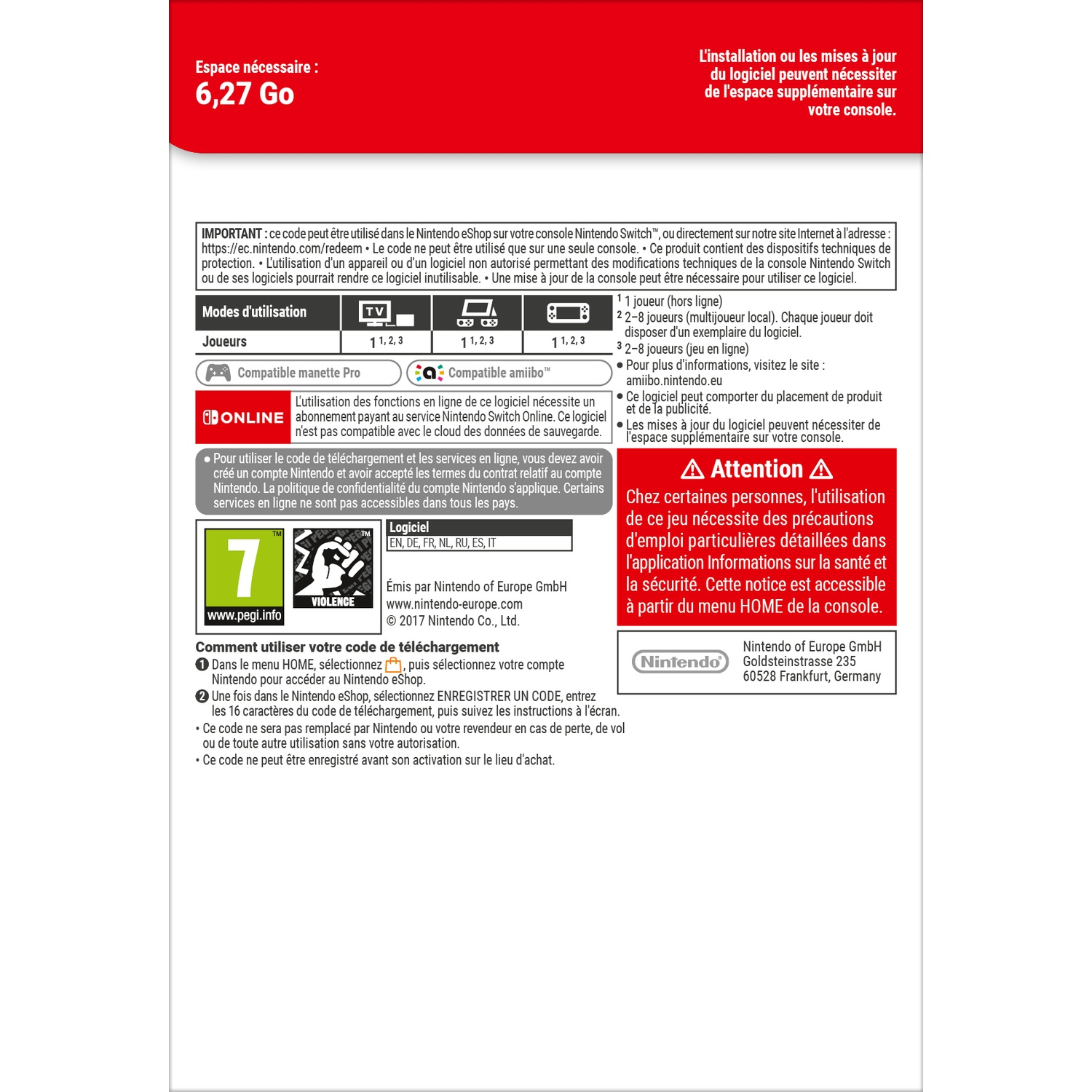 Info on required space, game modes, and download code instructions.