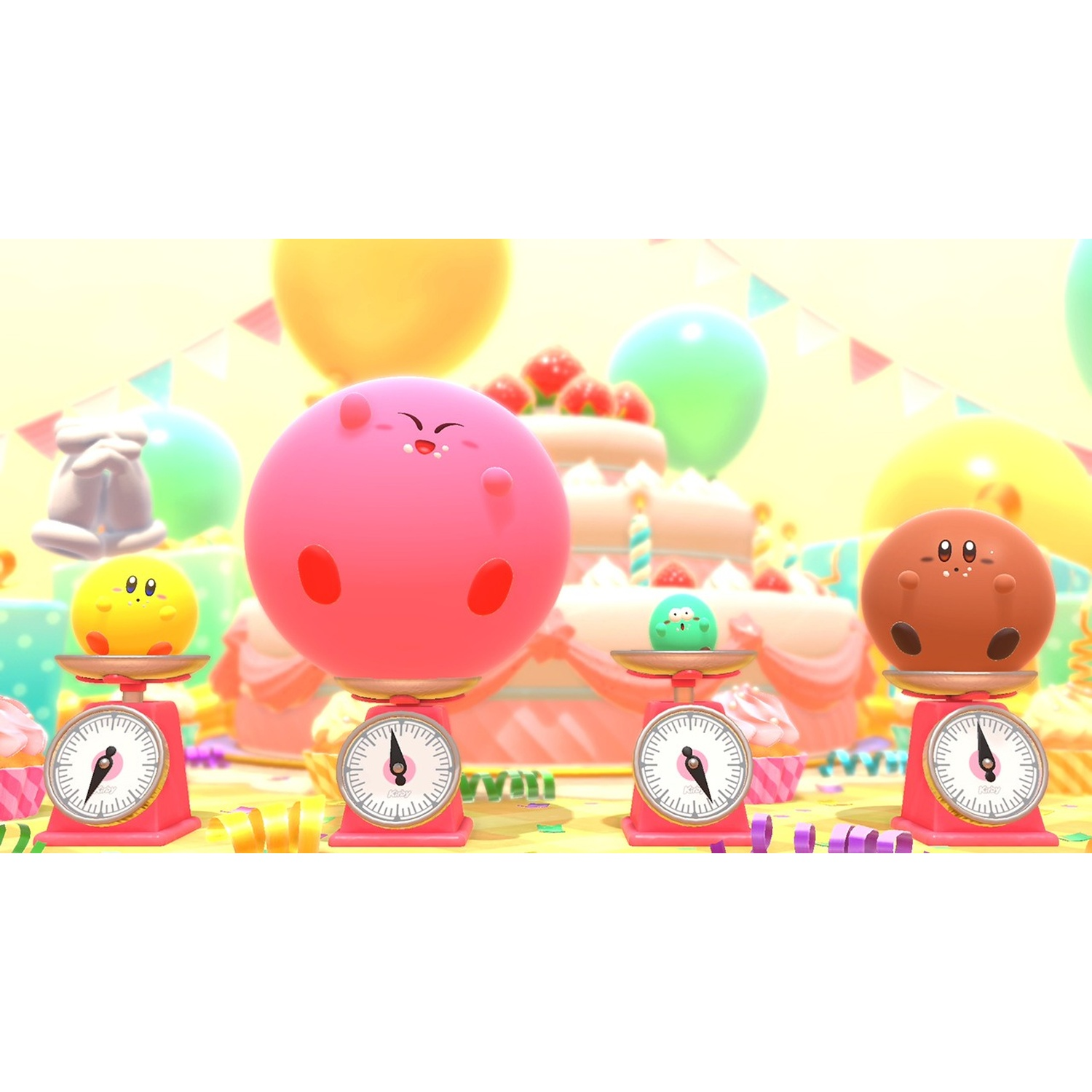 Four Kirby characters weigh themselves on pink scales in a festive setting.