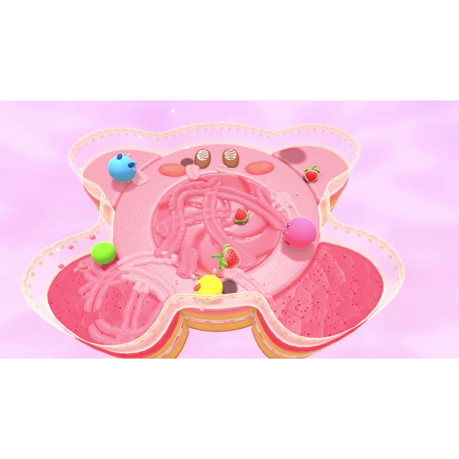A pink, heart-shaped object with Kirby characters and strawberries in a pink sky.