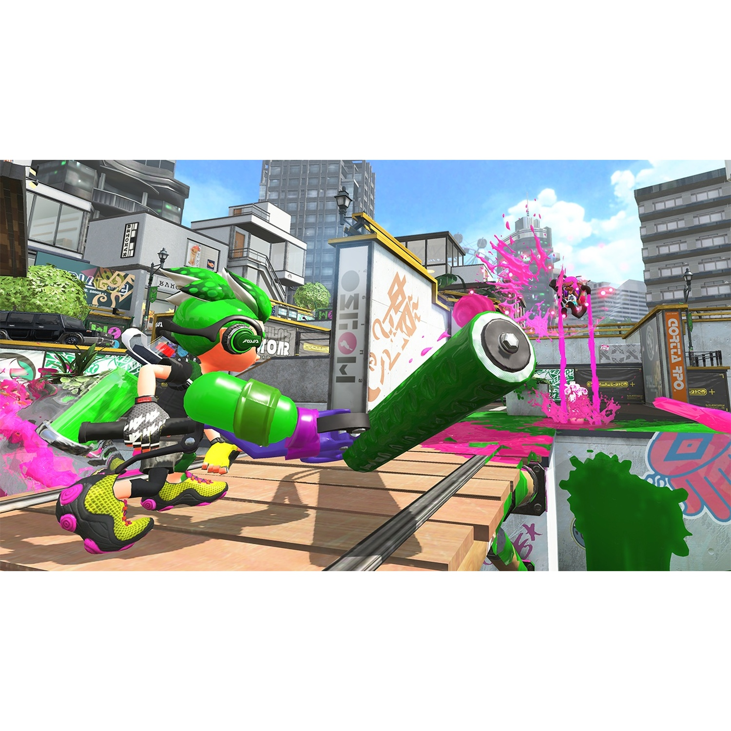 A green character holding a green paint roller on a wooden platform in a city.