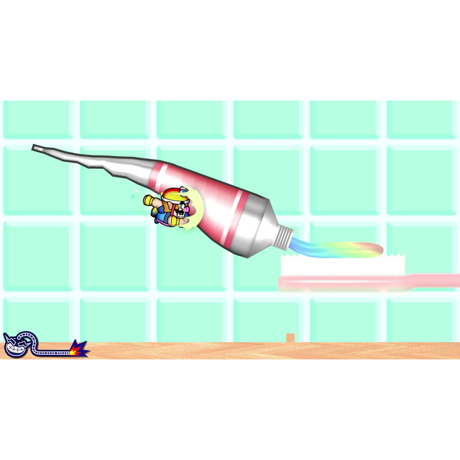 Wario squeezes a toothpaste tube, applying it to a pink toothbrush.