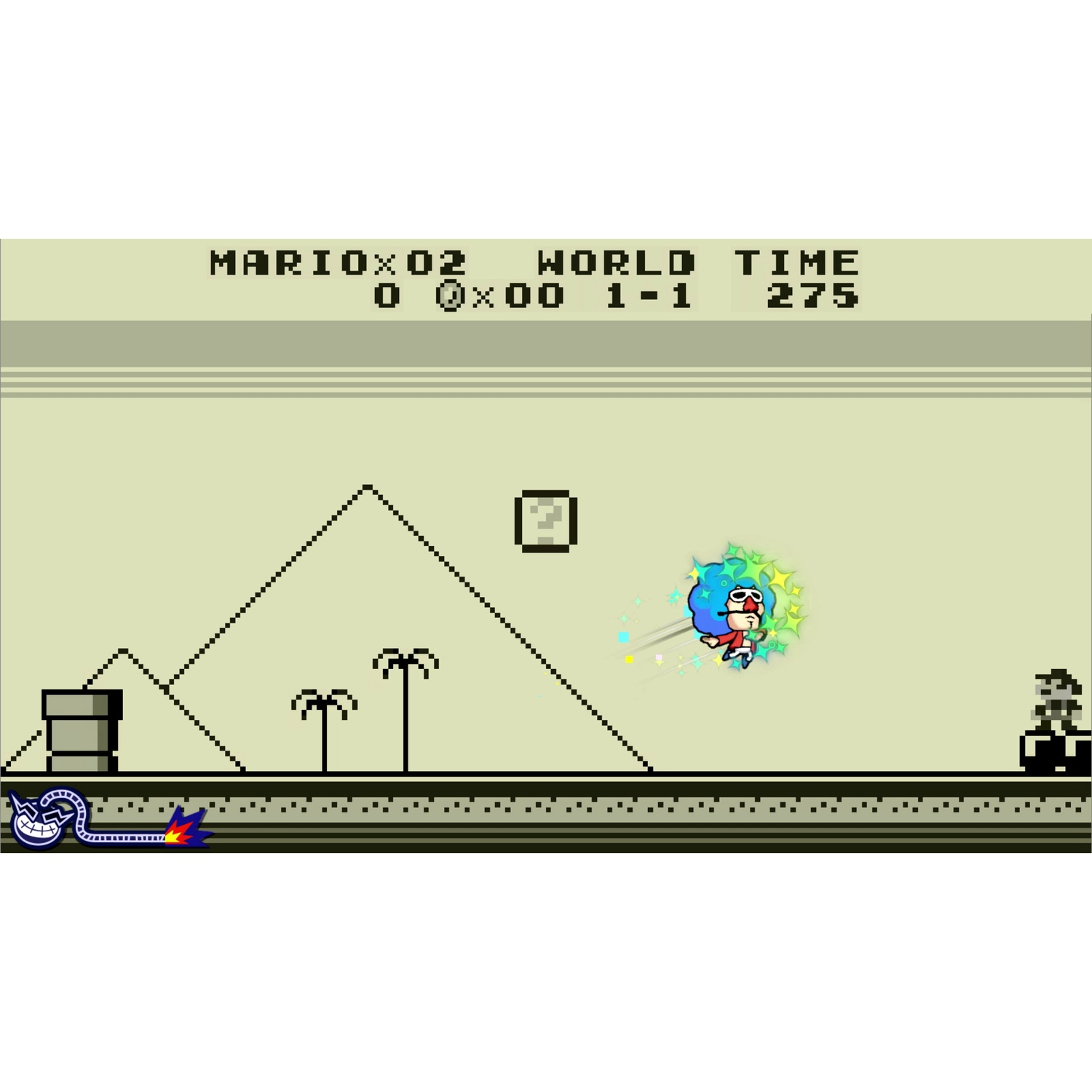 Mario game with character jumping, mountain and palm tree landscape.