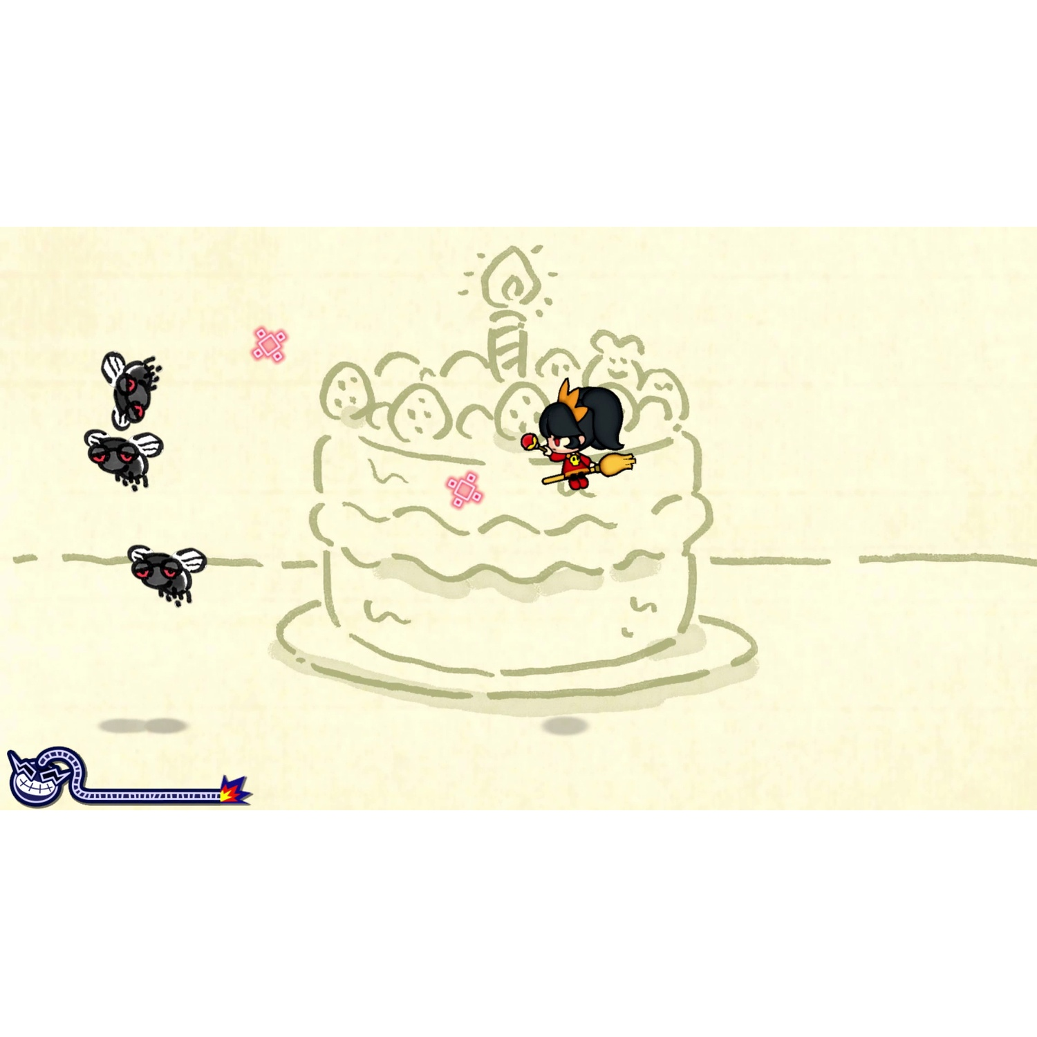 A girl on a broom flies over a birthday cake as flies and obstacles float in the background.