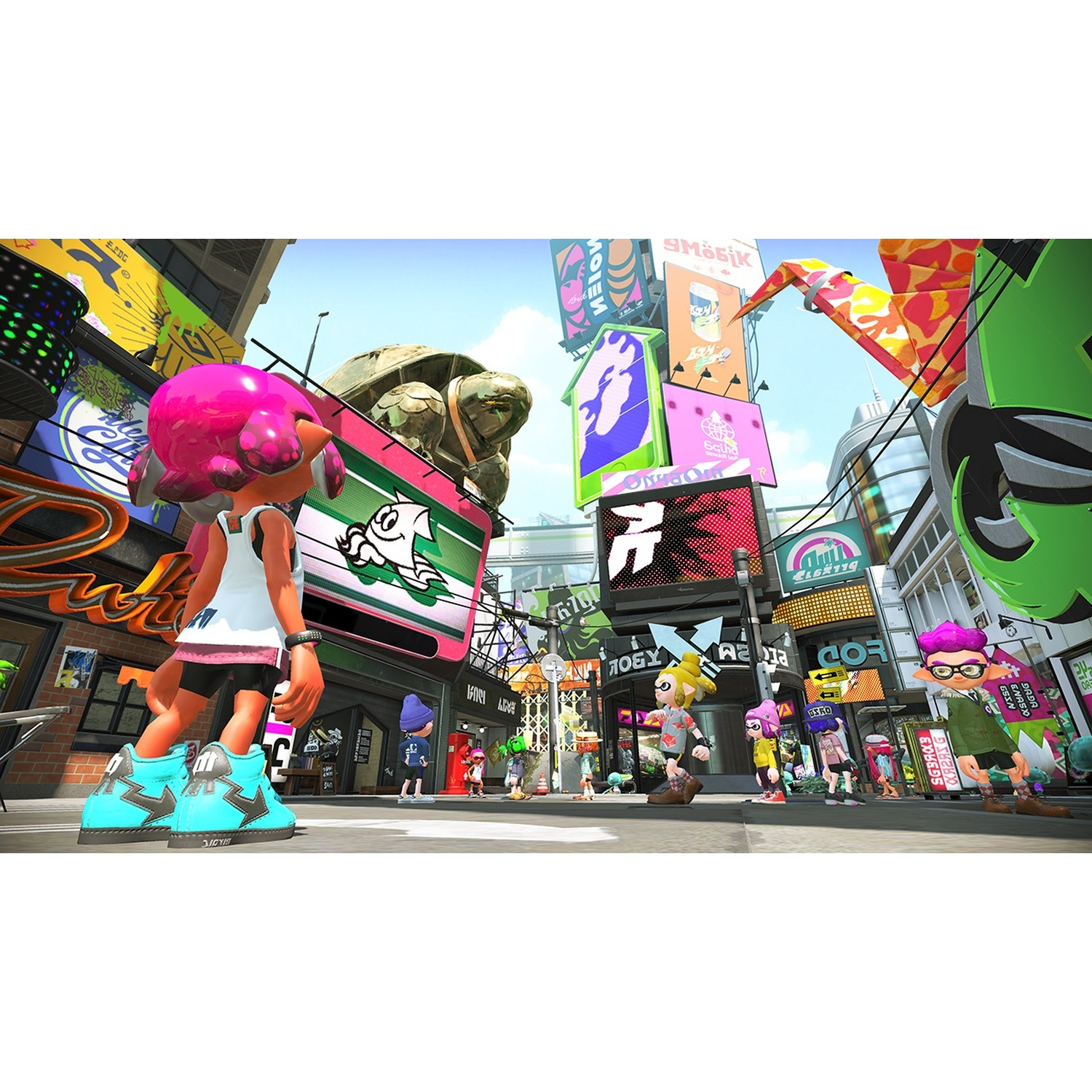 Characters walk on a busy street with colorful billboards and buildings.