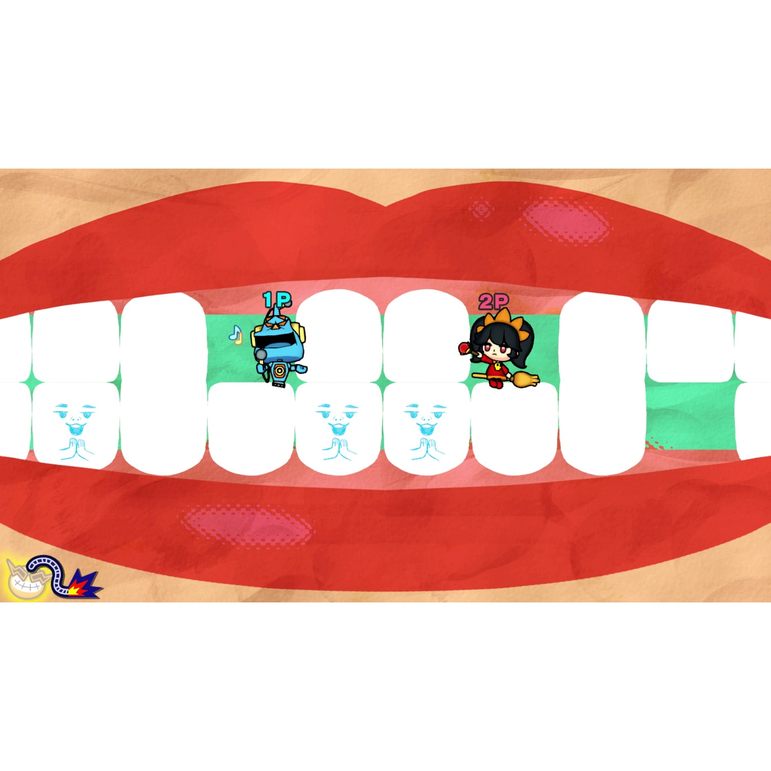 A blue robot and a girl with a broom stand on teeth in front of a red mouth.