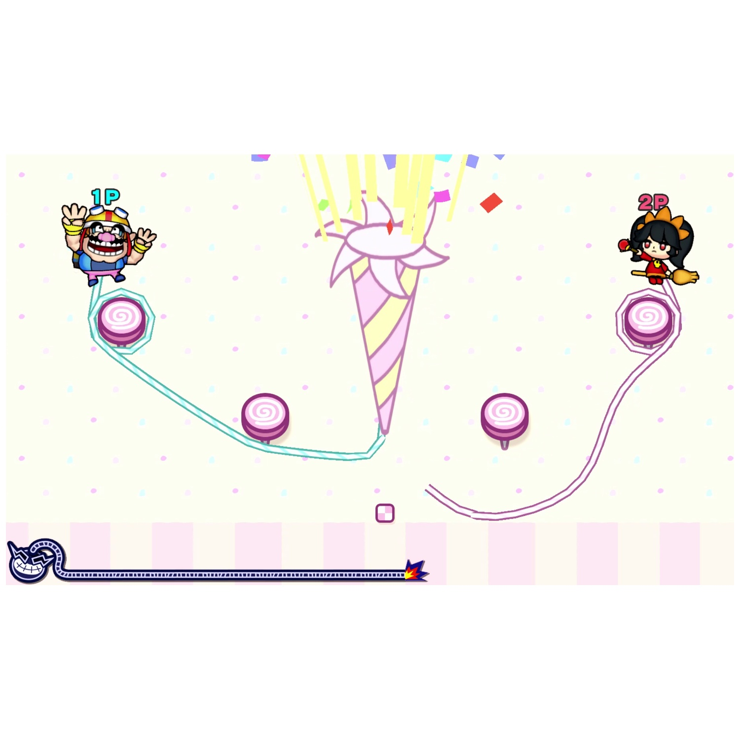 Wario and Ashley play on a light pink background with confetti and candies.