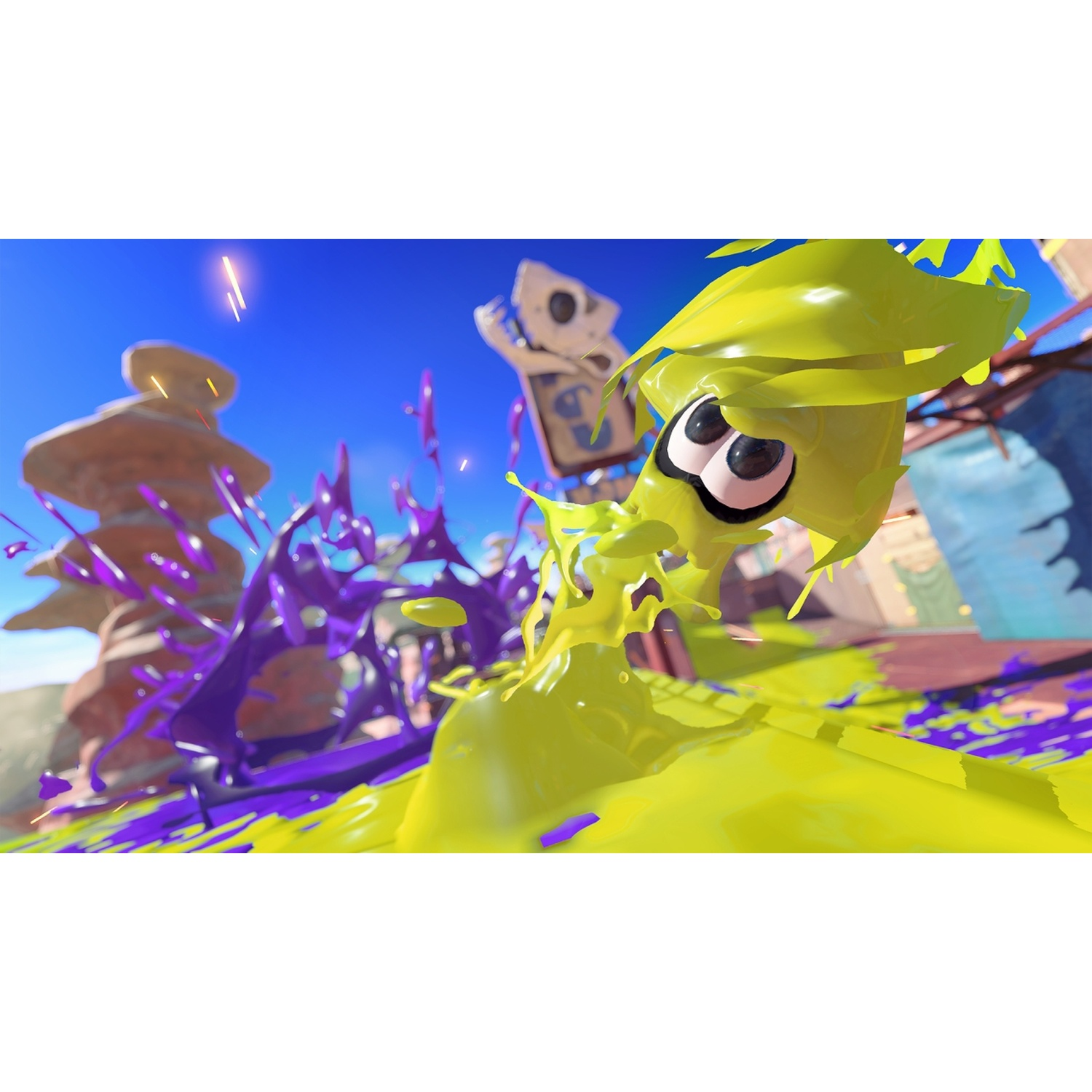 A yellow ink character with big eyes splatters yellow and purple ink in a desert landscape.
